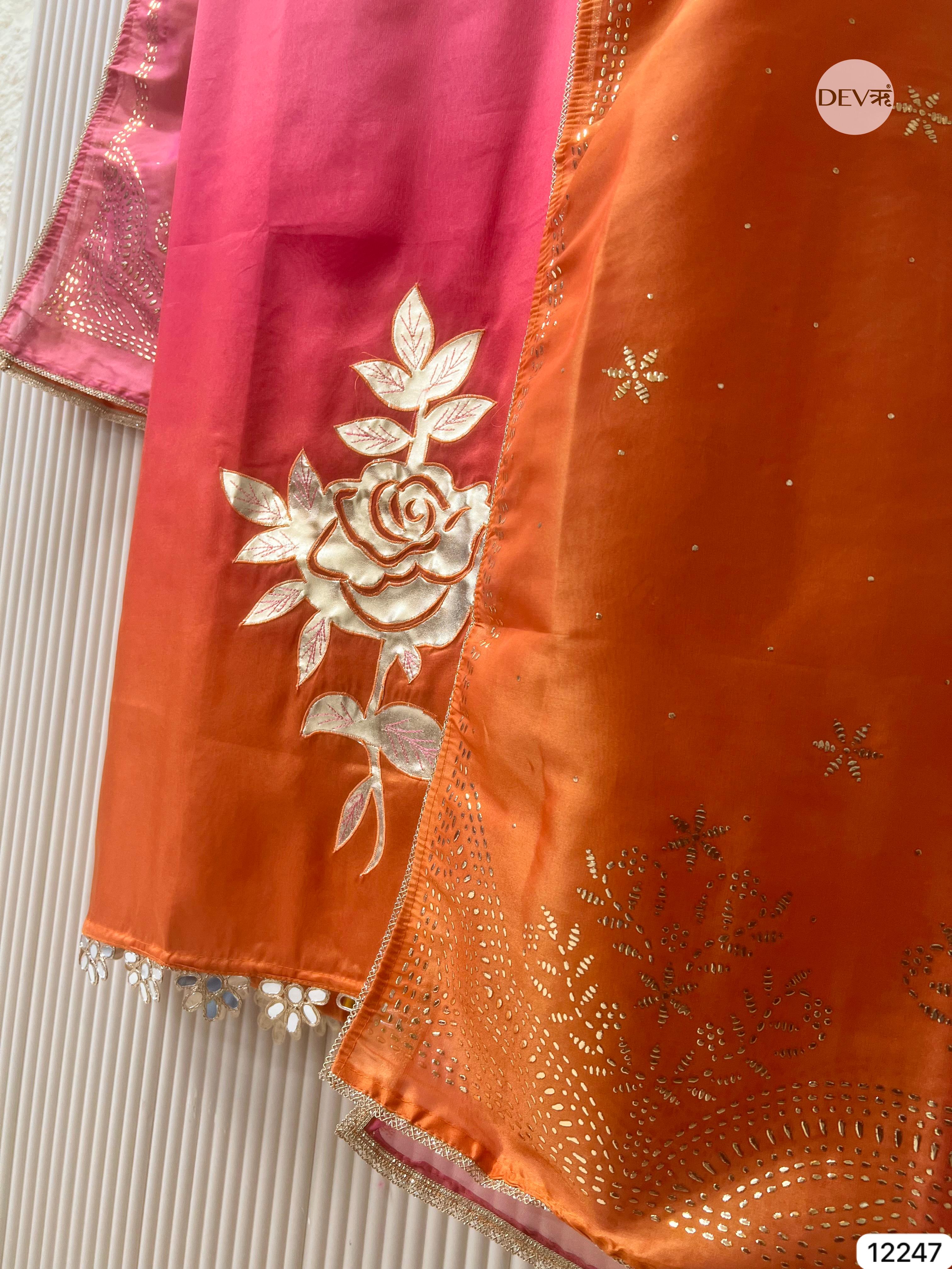 Orange Soft Tissue Shimmer Silk Embroidered Unstitched 3-Piece Suit (Devri – D.No 12247)
