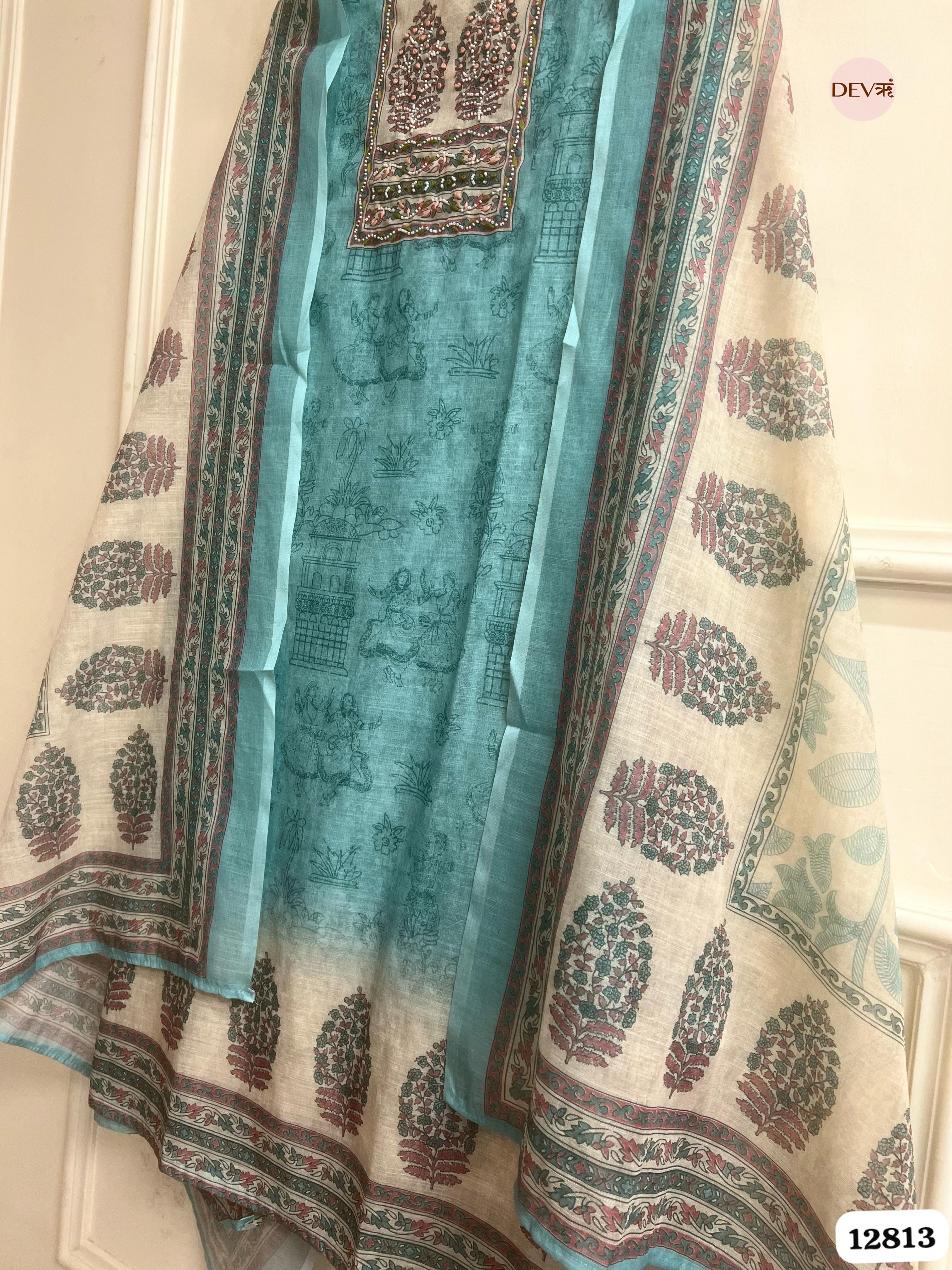 Aqua Linen Cotton Printed Unstitched 3-Piece Suit (Devri – D.No 12813)