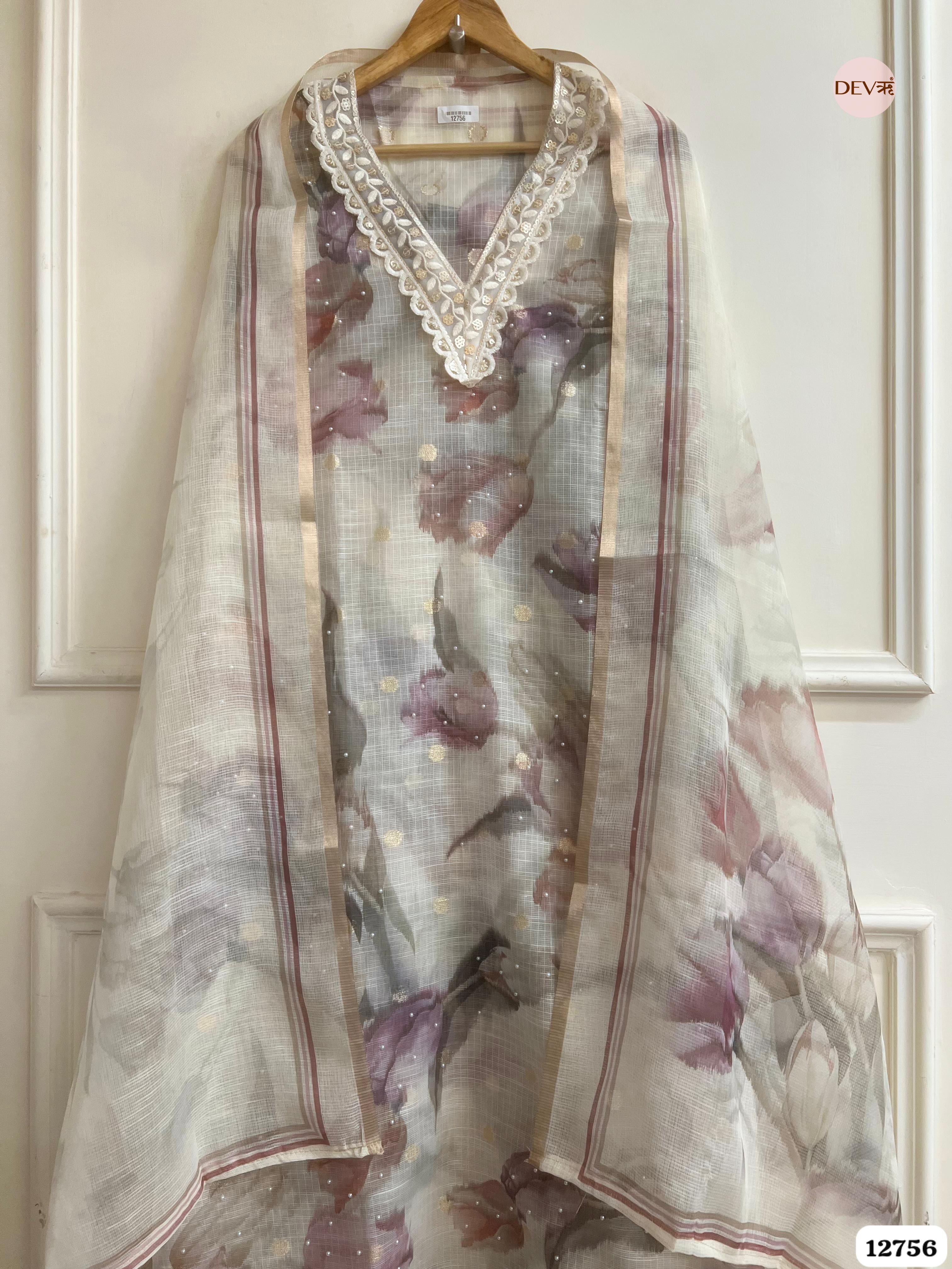 Ivory Kota Doria Floral Unstitched 3-Piece Suit (Devri – D.No 12756)