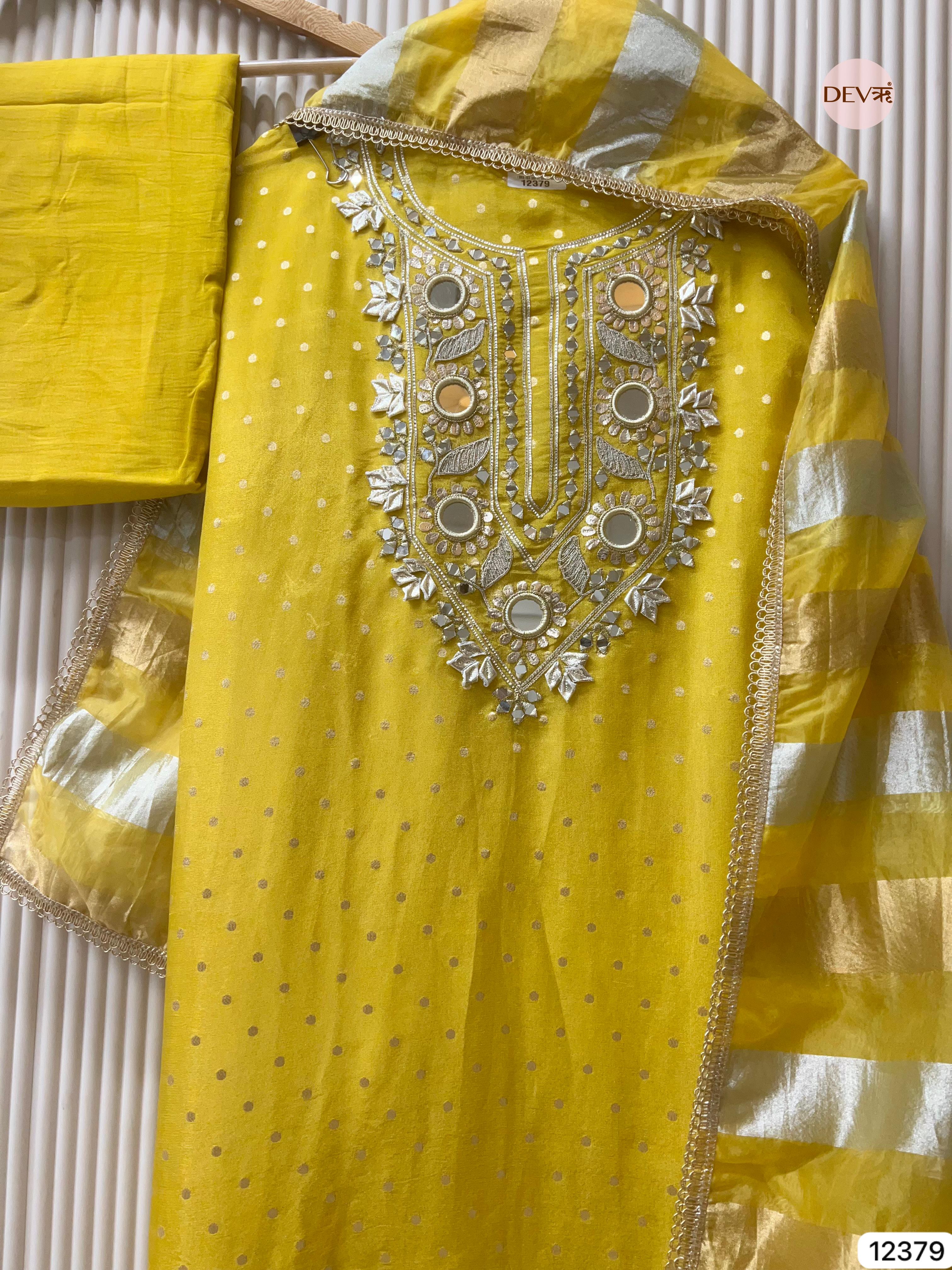 Sun Yellow Tissue Silk Embroidered Unstitched 3-Piece Suit (Devri – D.No 12379)