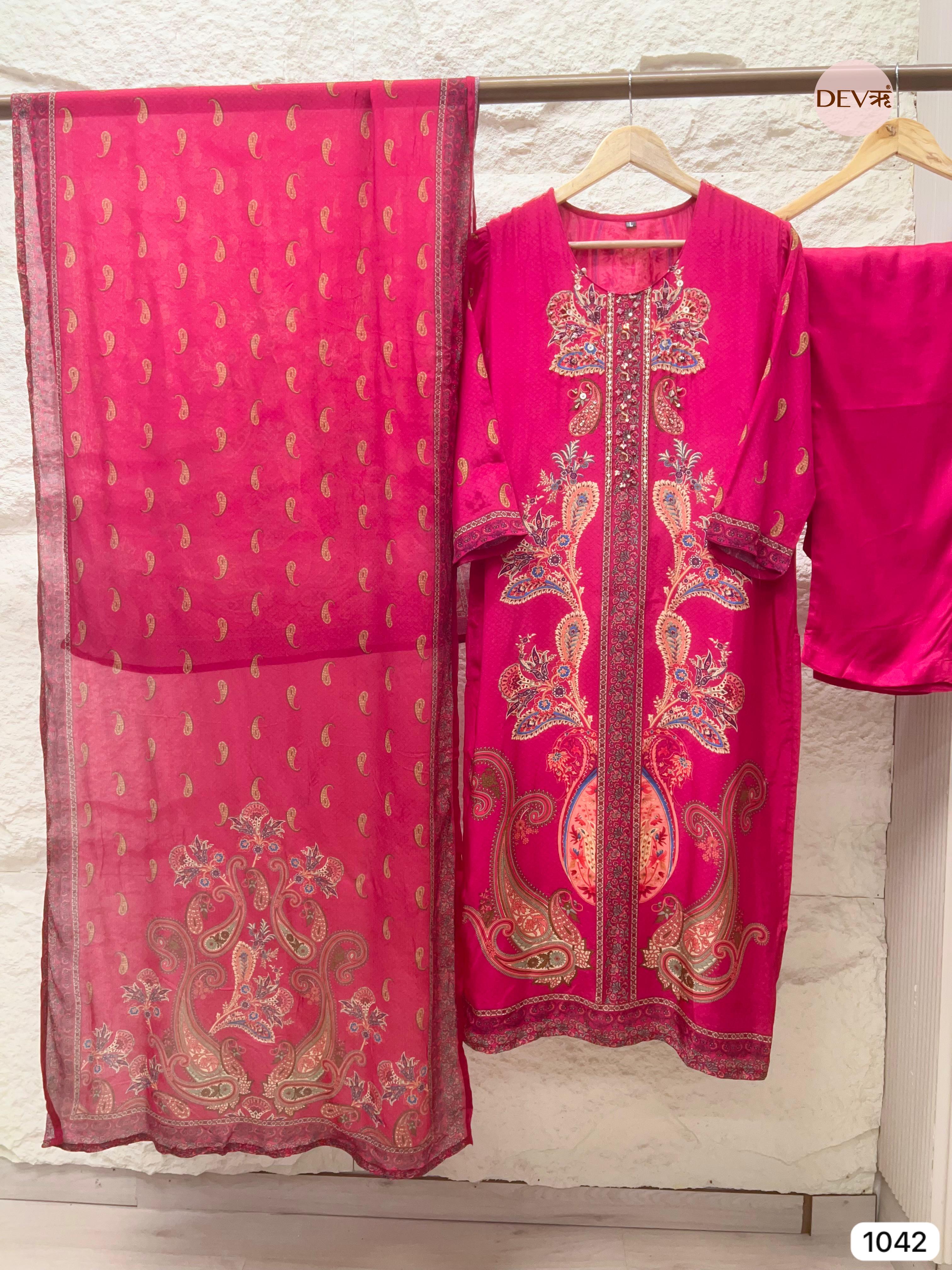 Meher Pure Natural Crepe Embroidered Rani Pink 3-Piece Set (Devri – D.No 1042)