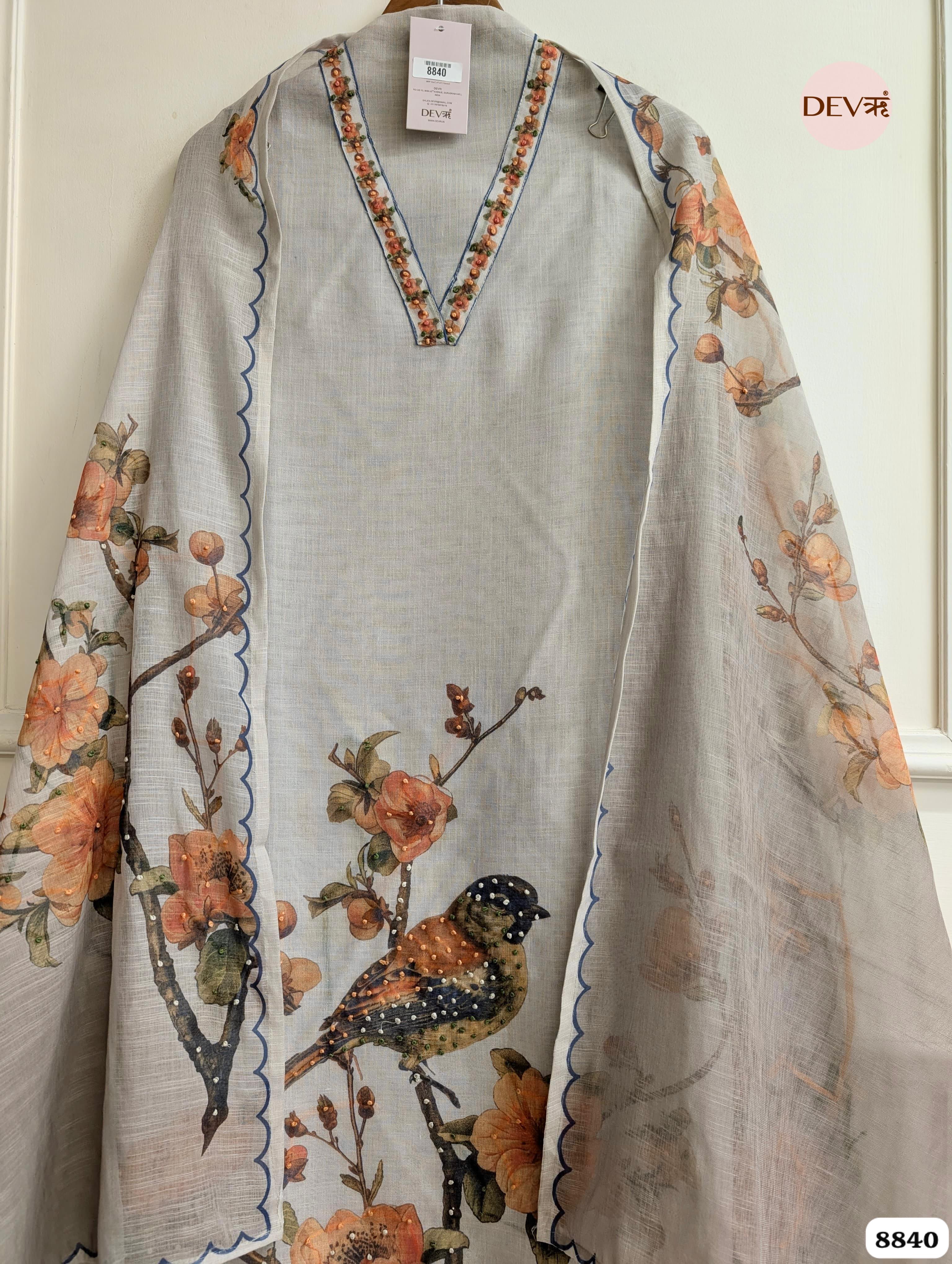 Grey Linen Printed Unstitched 3-Piece Suit (Devri – D.No. 8840)