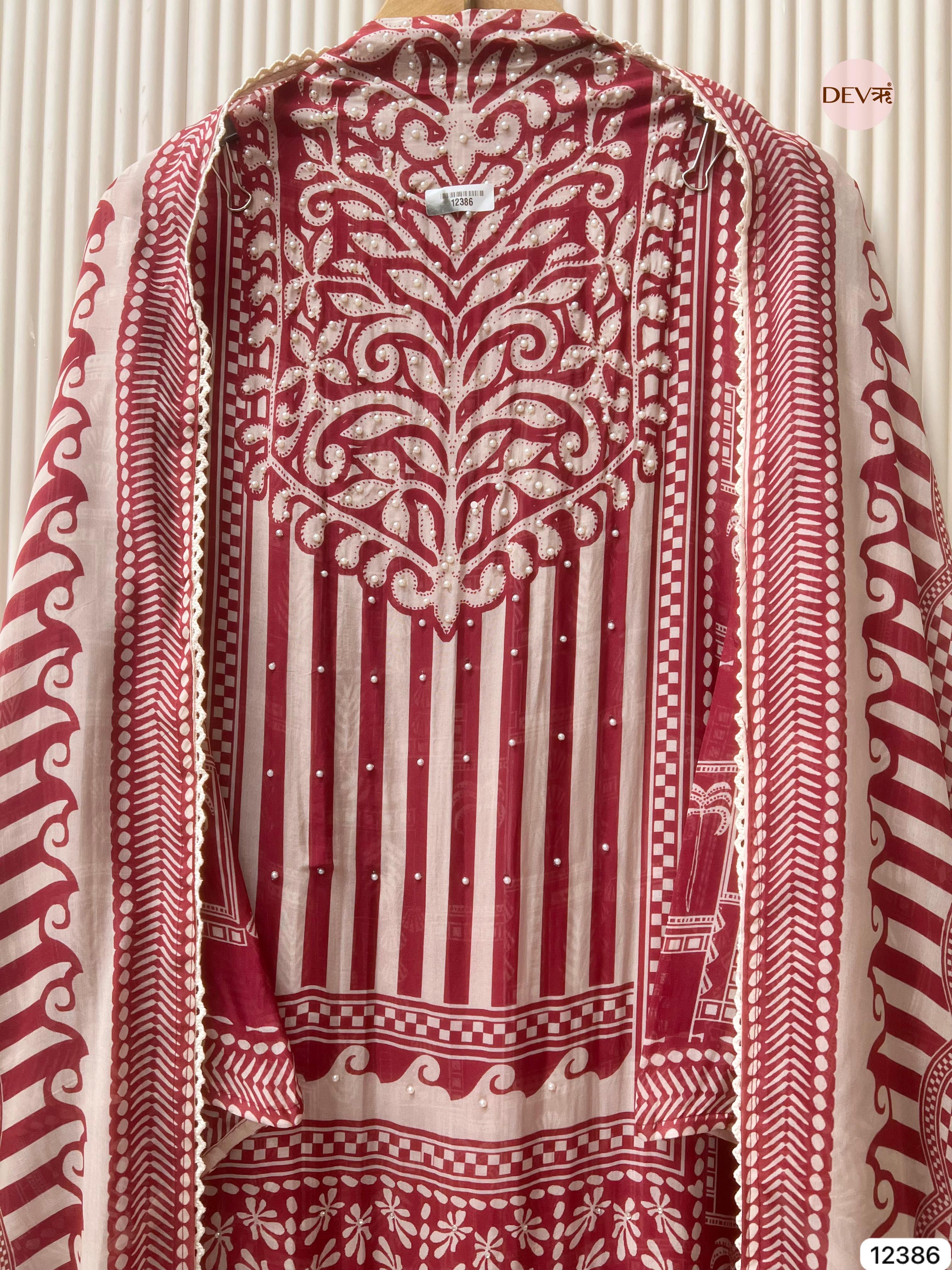 Maroon and White Organza Printed Unstitched 3-Piece Suit (Devri – D.No 12386)
