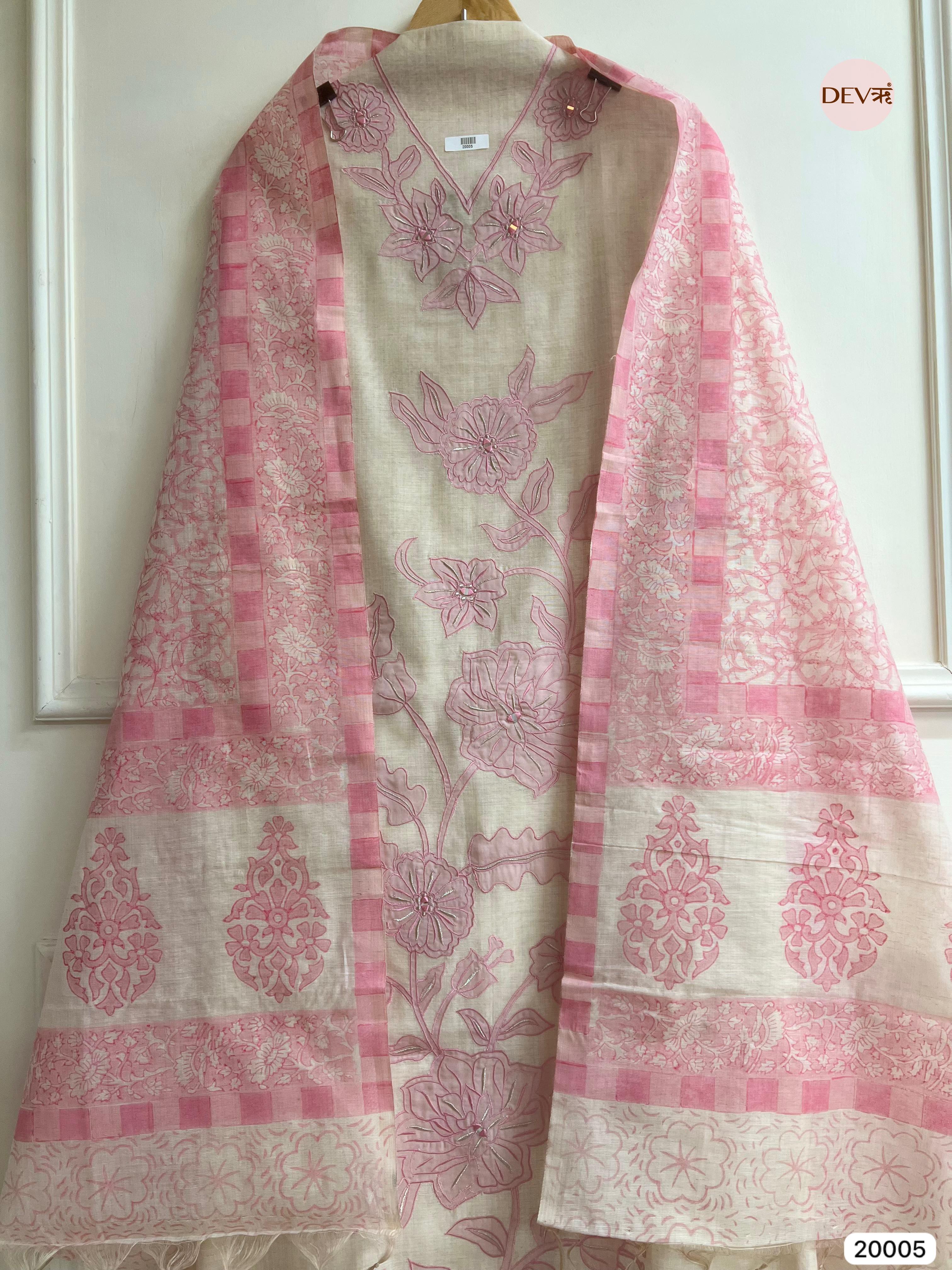 Beby pink Pure Linen Cotton Embroidered Unstitched 3-Piece Suit (Devri – D.No 20005)