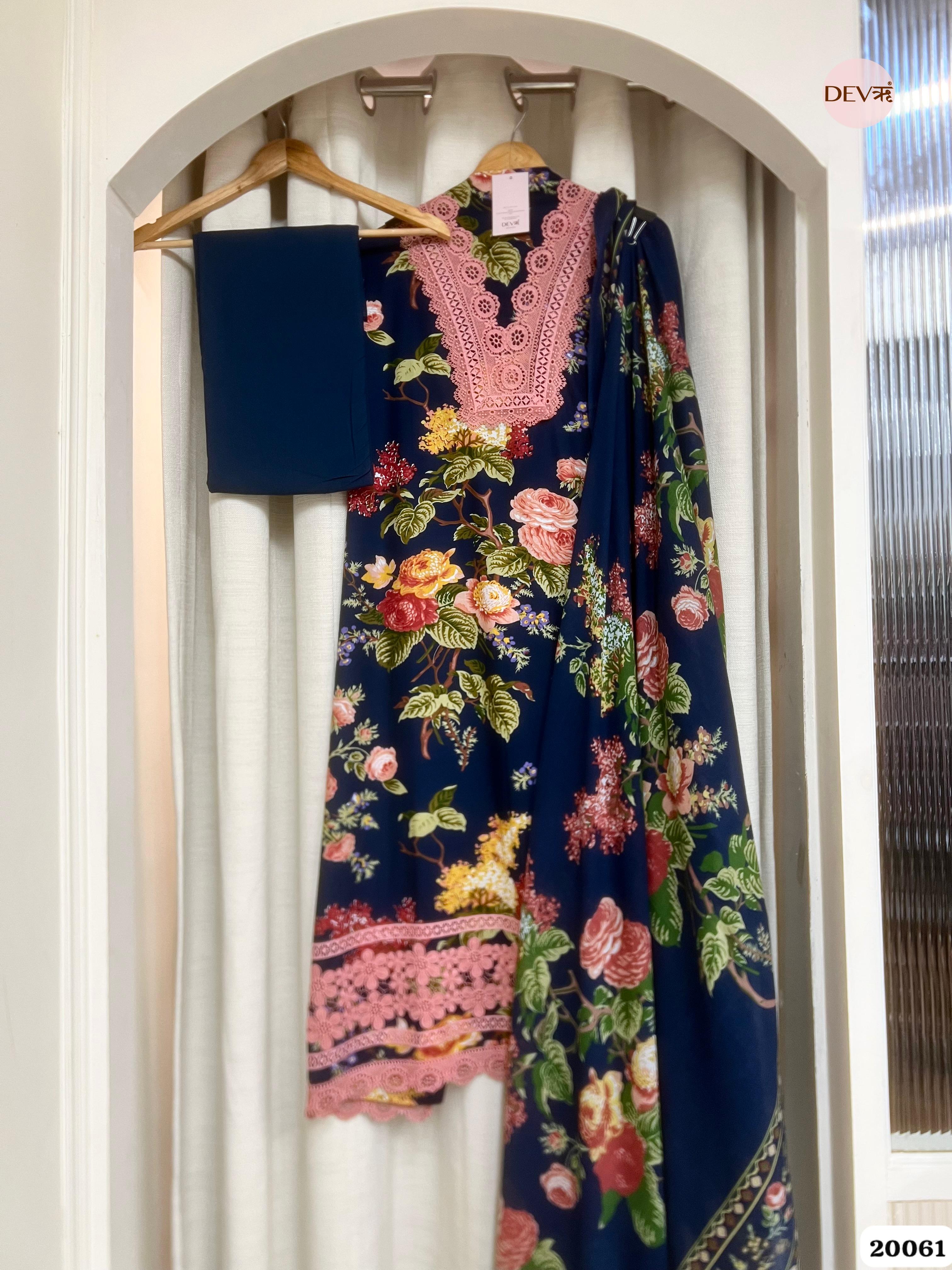 Navy Blue Cotton Printed Unstitched 3-Piece Suit (Devri – D.No. 20061)