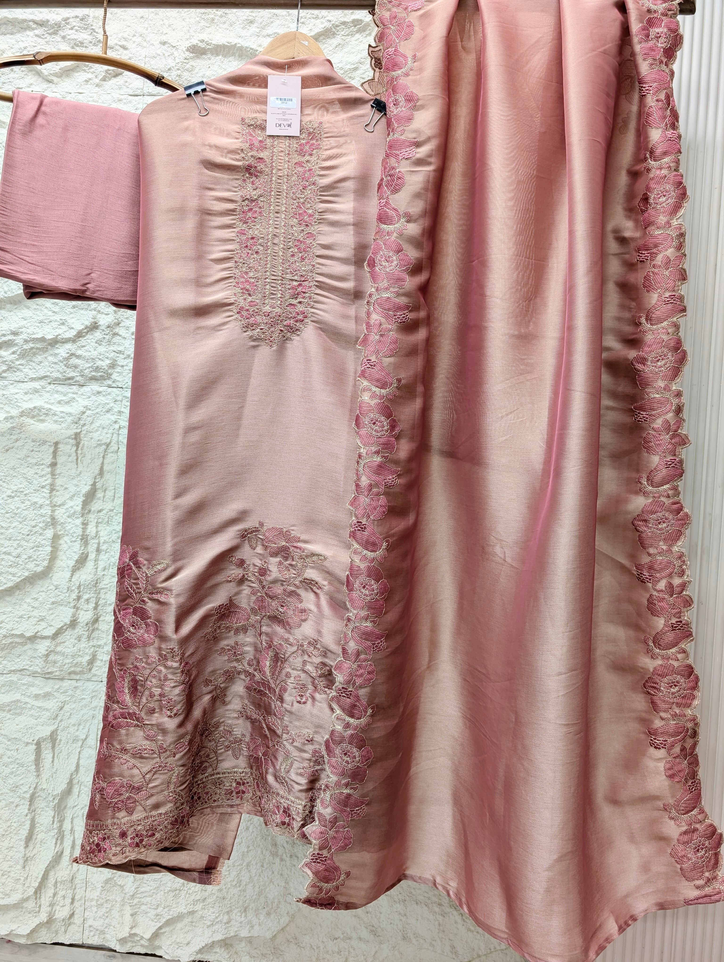 Pink Silk Blend Embroidered Unstitched 3-Piece Suit (Devri – D.No 13712)