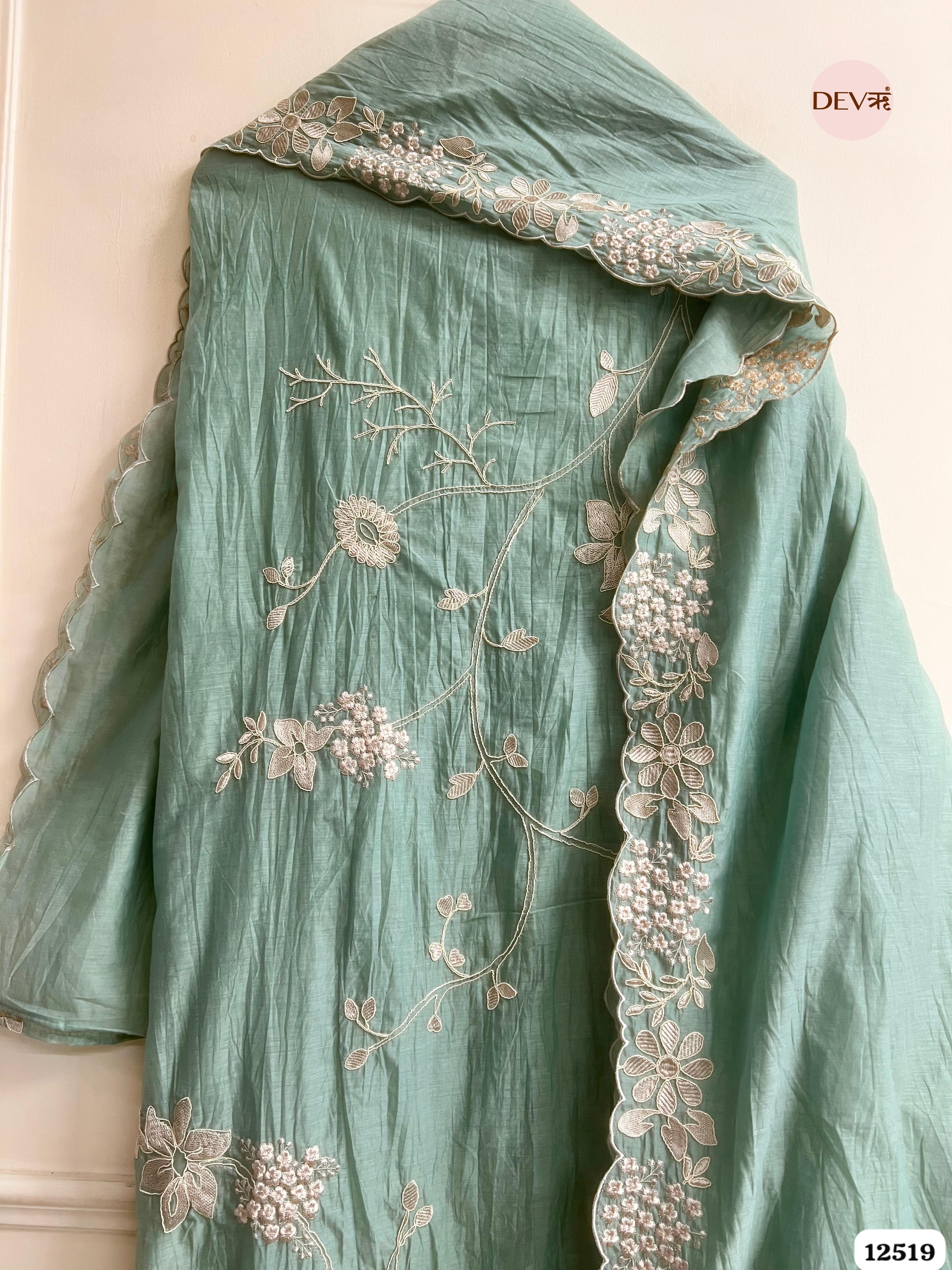 Sea Green Mul Cotton Embroidered Unstitched 3-Piece Suit (Devri – D.No 12519)