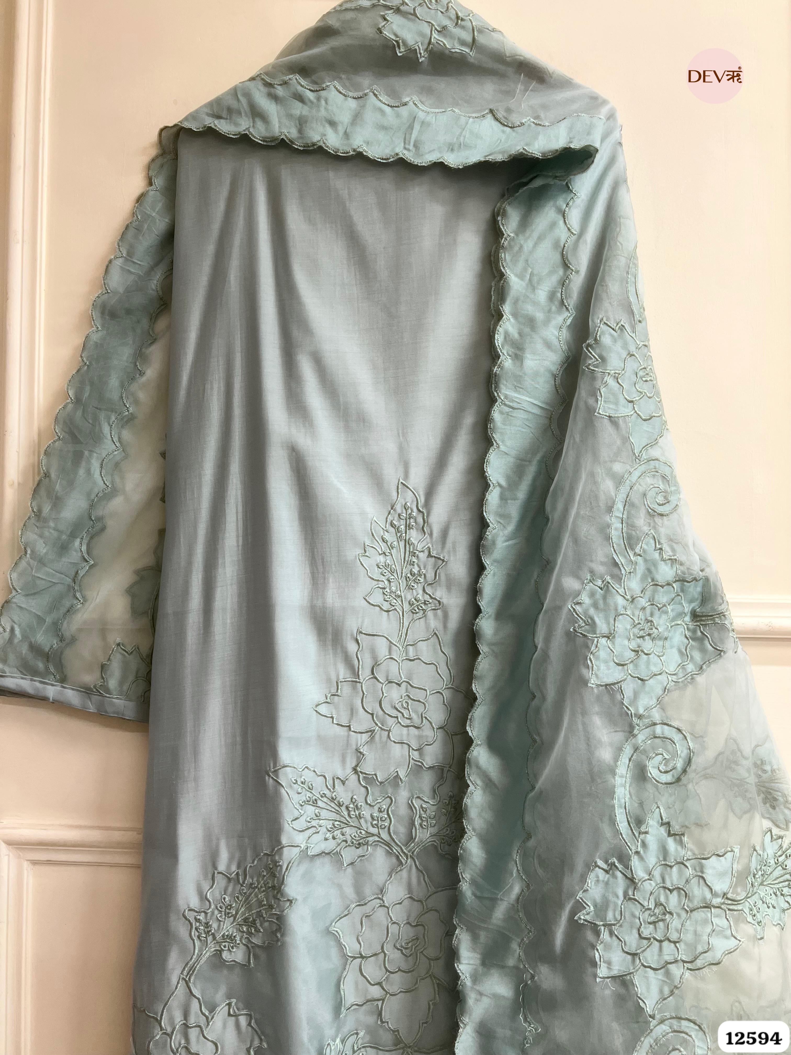 Sea Green Modal Silk Embroidered Unstitched 3-Piece Suit (Devri – D.No 12594)