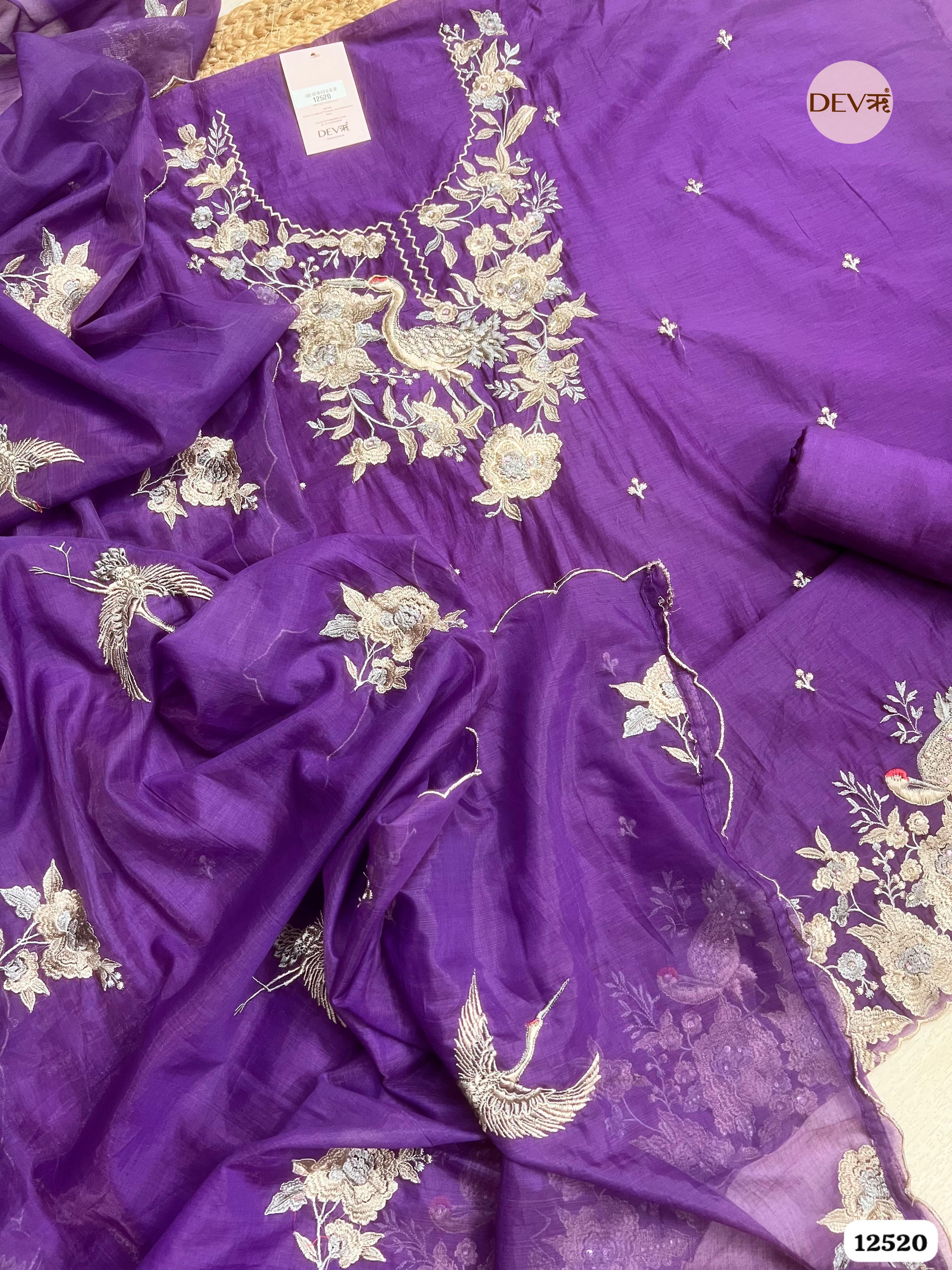 Royal Purple Pure Mul Chanderi Embroidered Unstitched 3-Piece Suit (Devri – D.No . 12520)