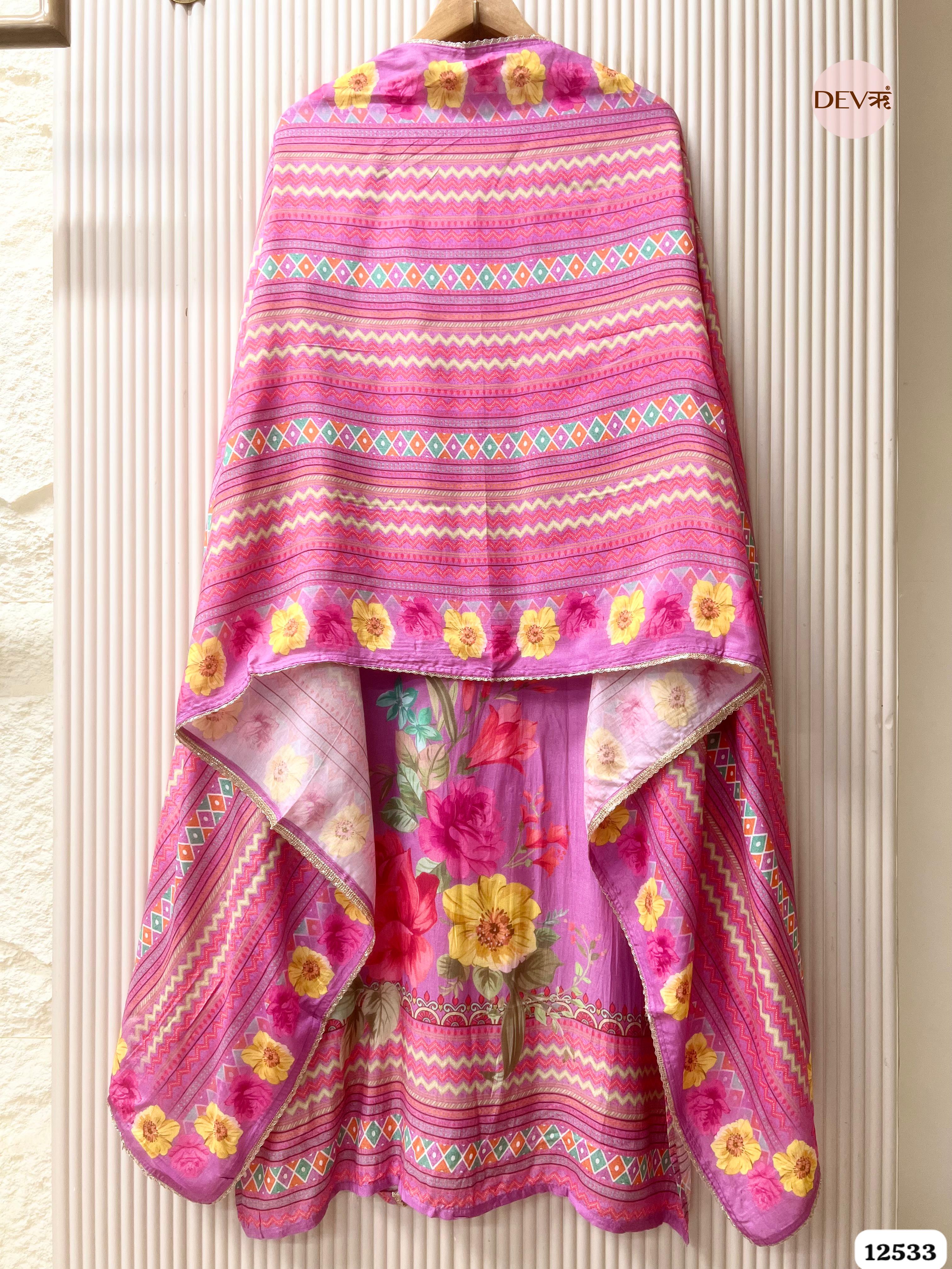 Rose Pink Muslin Printed Unstitched 3-Piece Suit (Devri – D.No. 12533)
