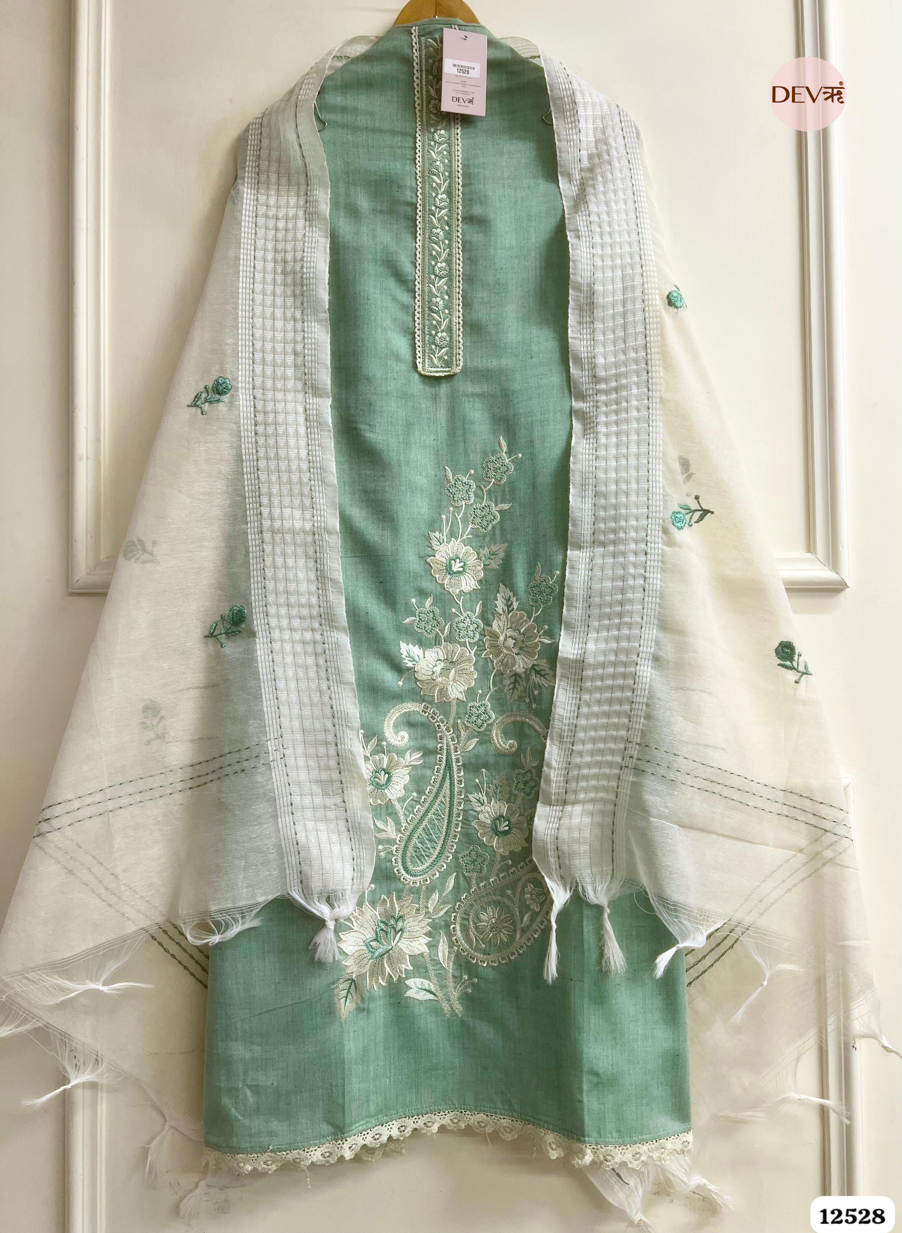 Mint Handloom Cotton Embroidered Unstitched 3-Piece Suit (Devri – D.No 12528)