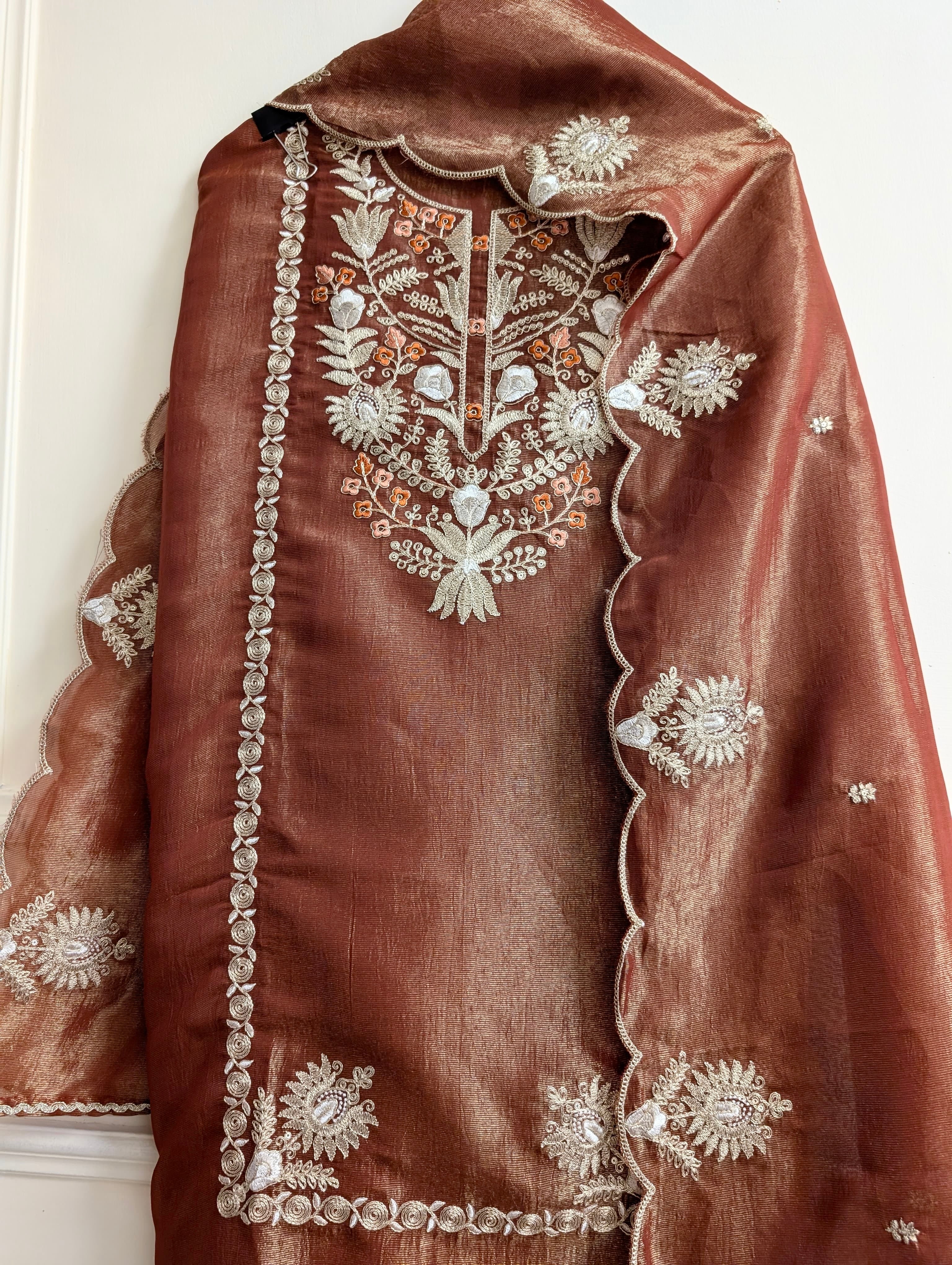 Brown Pure Tissue Silk Embroidered Unstitched 3-Piece Suit (Devri – D.No 13760)