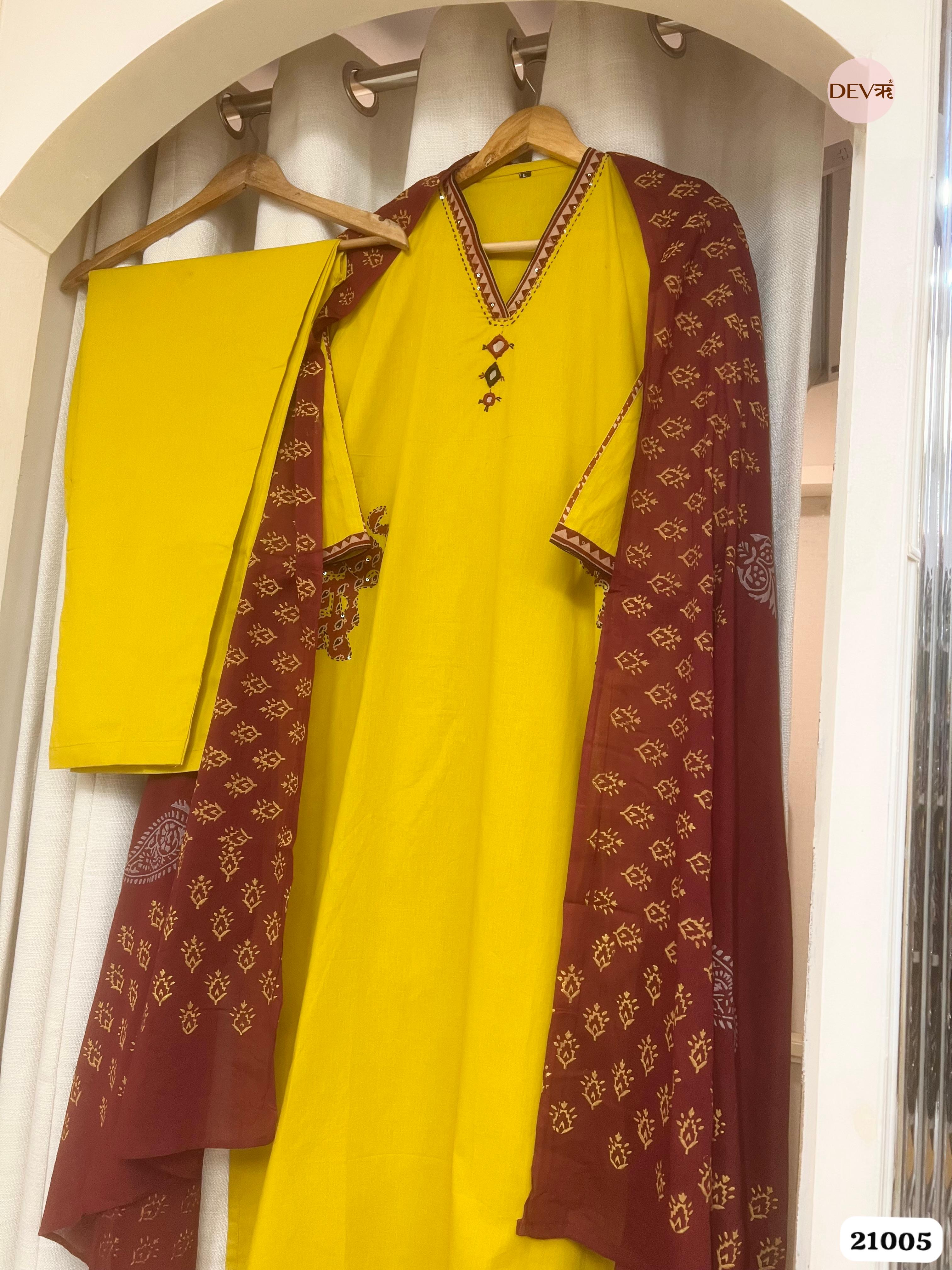 Jivika Cotton Printed Mustard 3-Piece Set (Devri – D.No 21005)