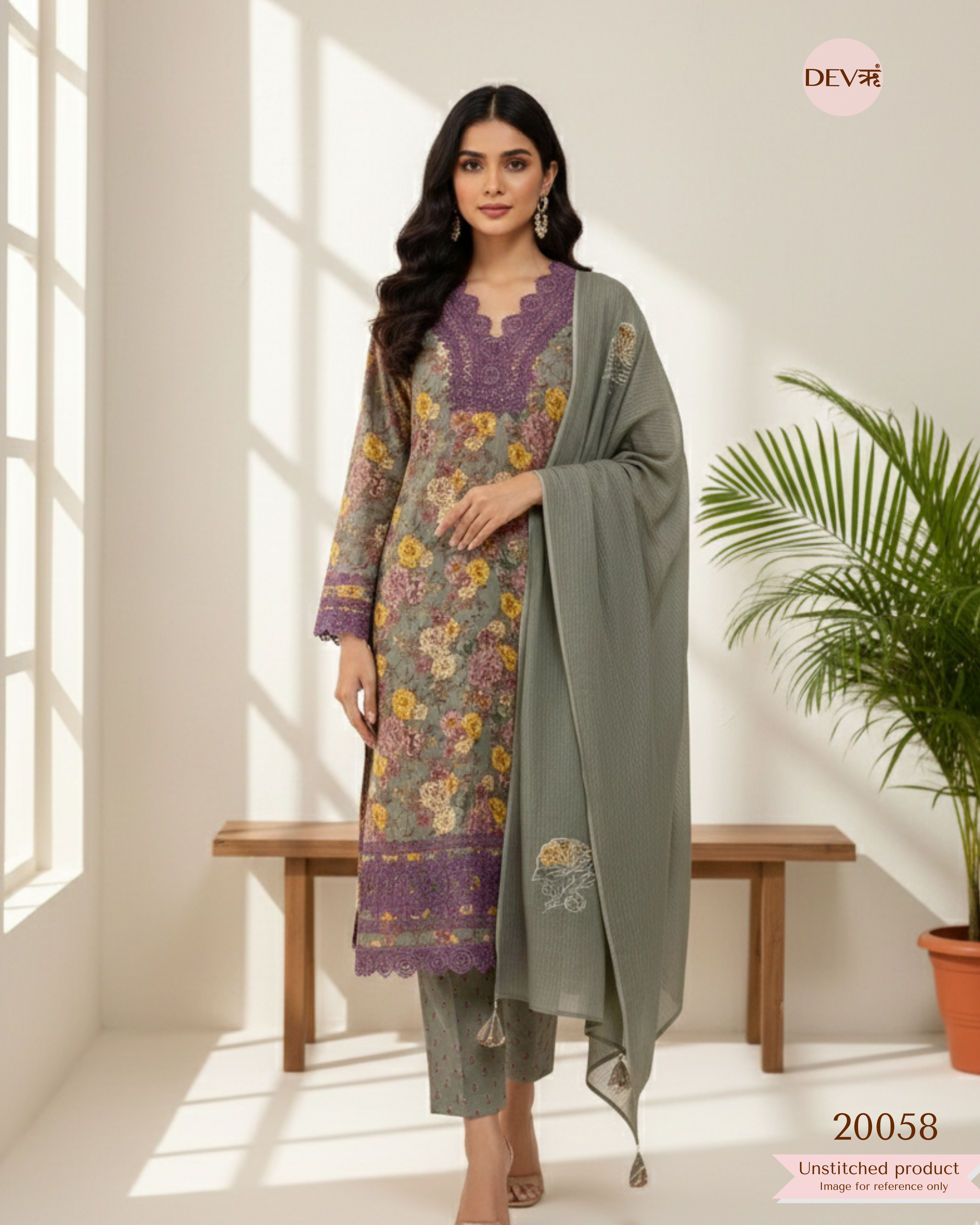 grey Cotton Printed Unstitched 3-Piece Suit (Devri – D.No. 20058)