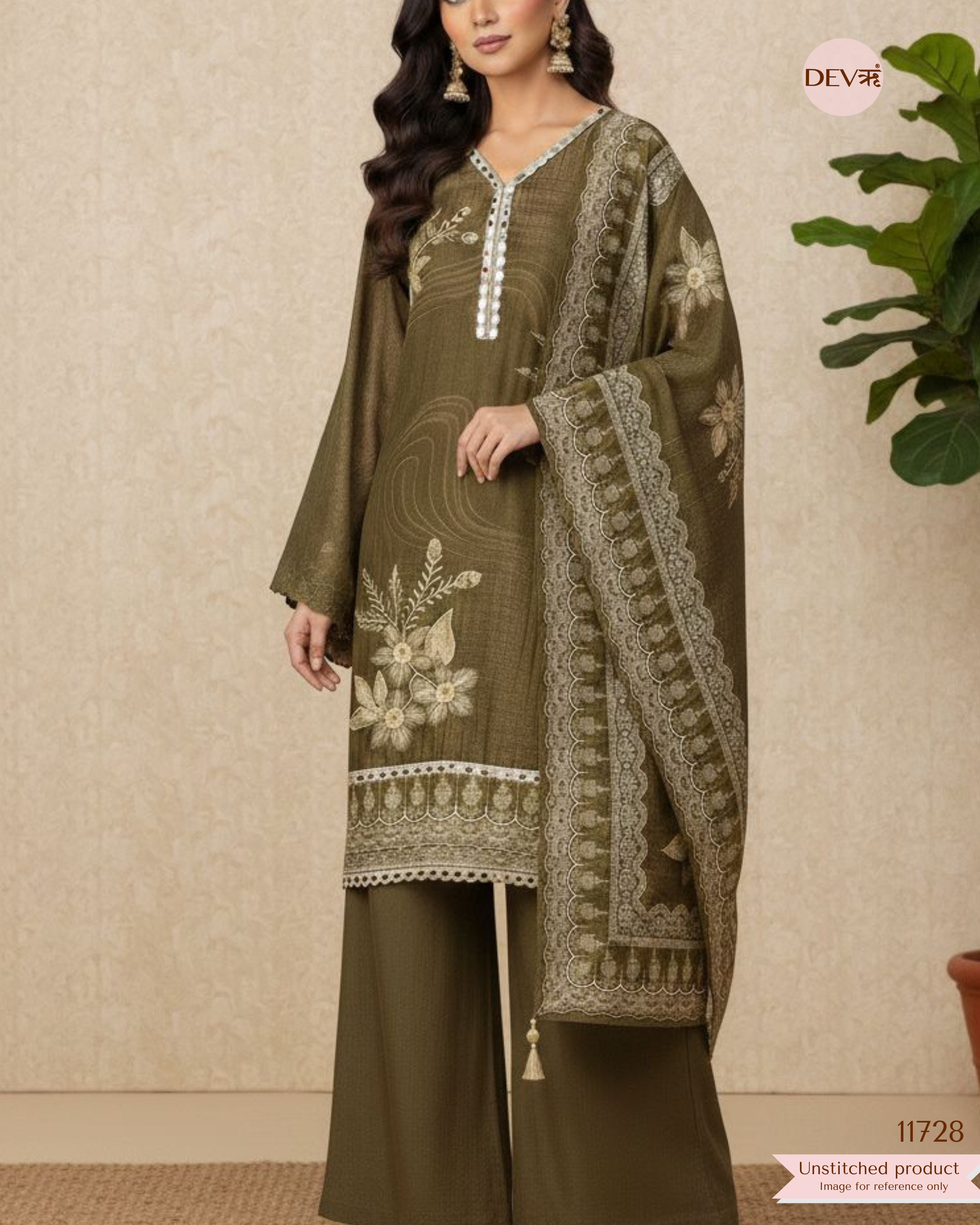 Olive Glass Organza Silk Embroidered Unstitched 3-Piece Suit (Devri – D.No 11728)