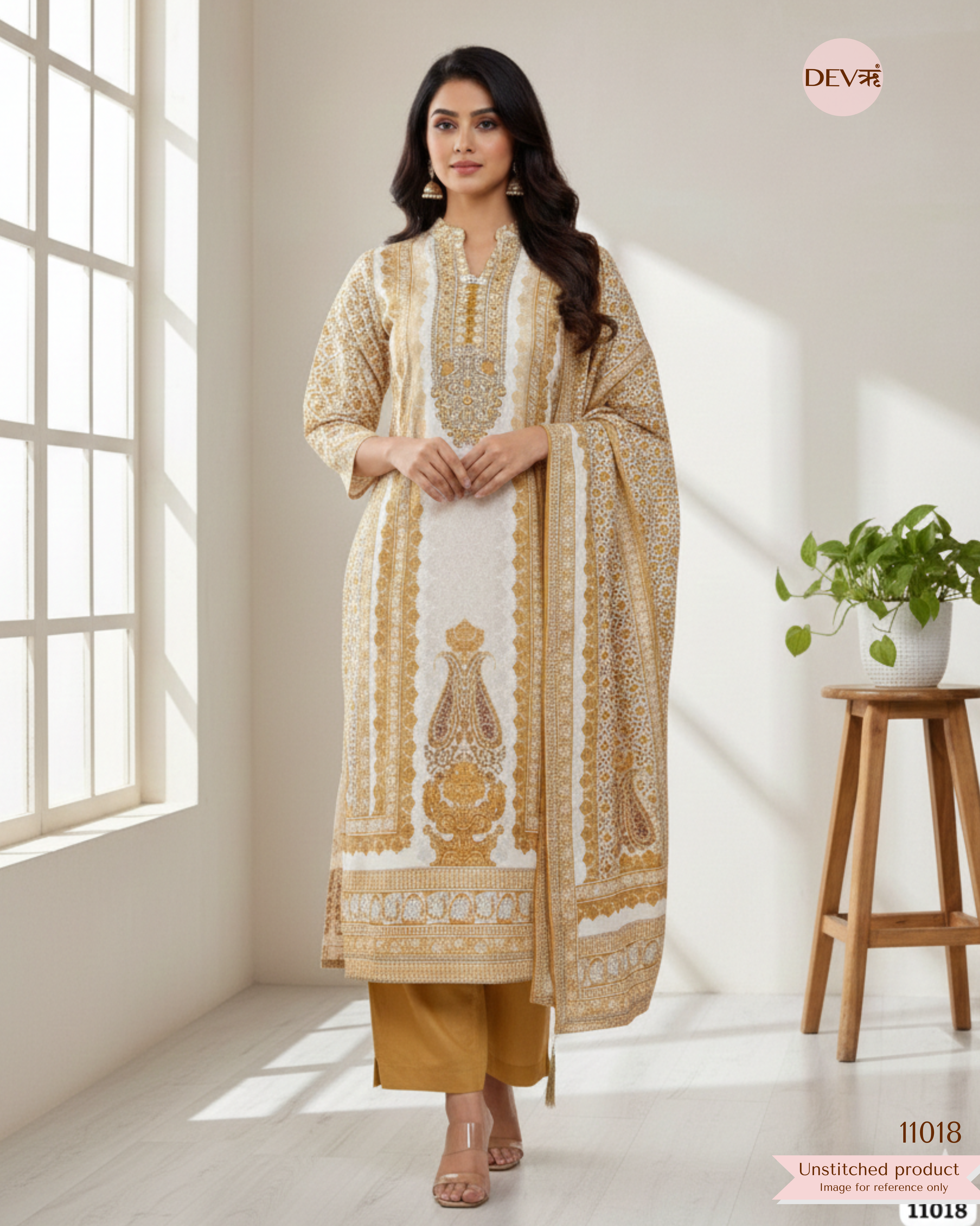 Yellow  Cotton Unstitched Printed Hand Embidered -Set Of 3 {11018}