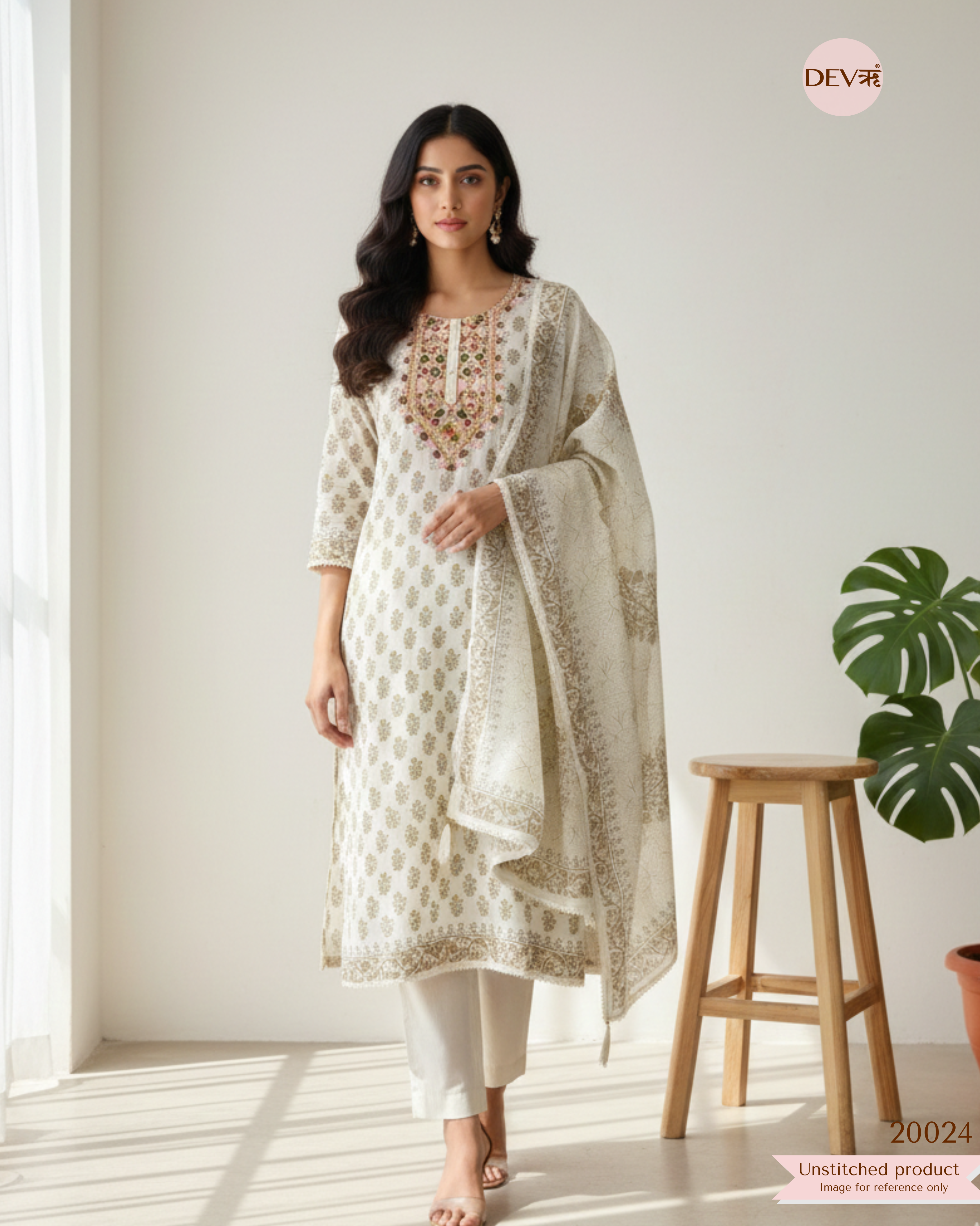 Ivory Pure Linen Cotton Embroidered Unstitched 3-Piece Suit (Devri – D.No .20024 )