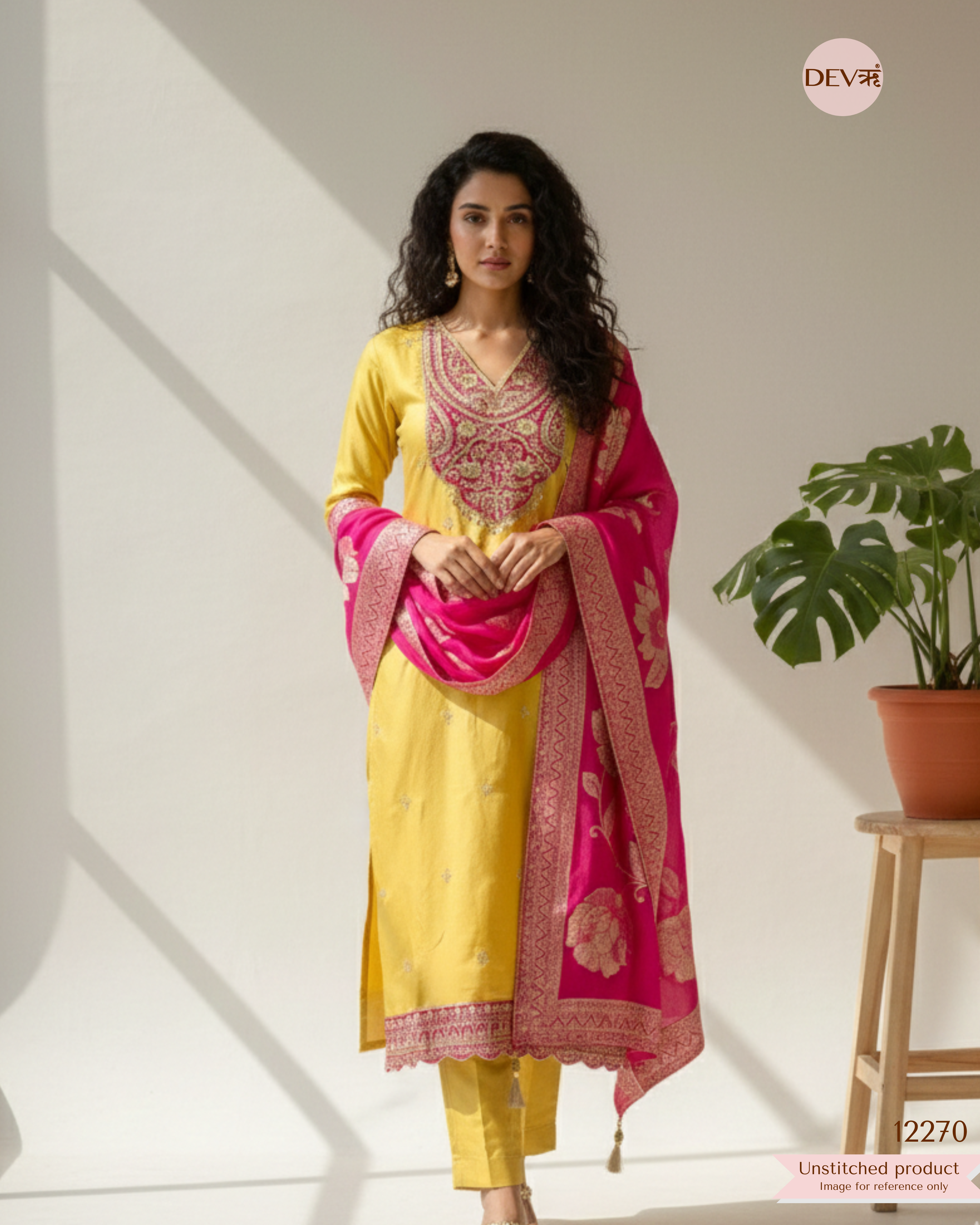 Yellow Shimmer Silk Embroidered Unstitched 3-Piece Suit (Devri – D.No 12270)