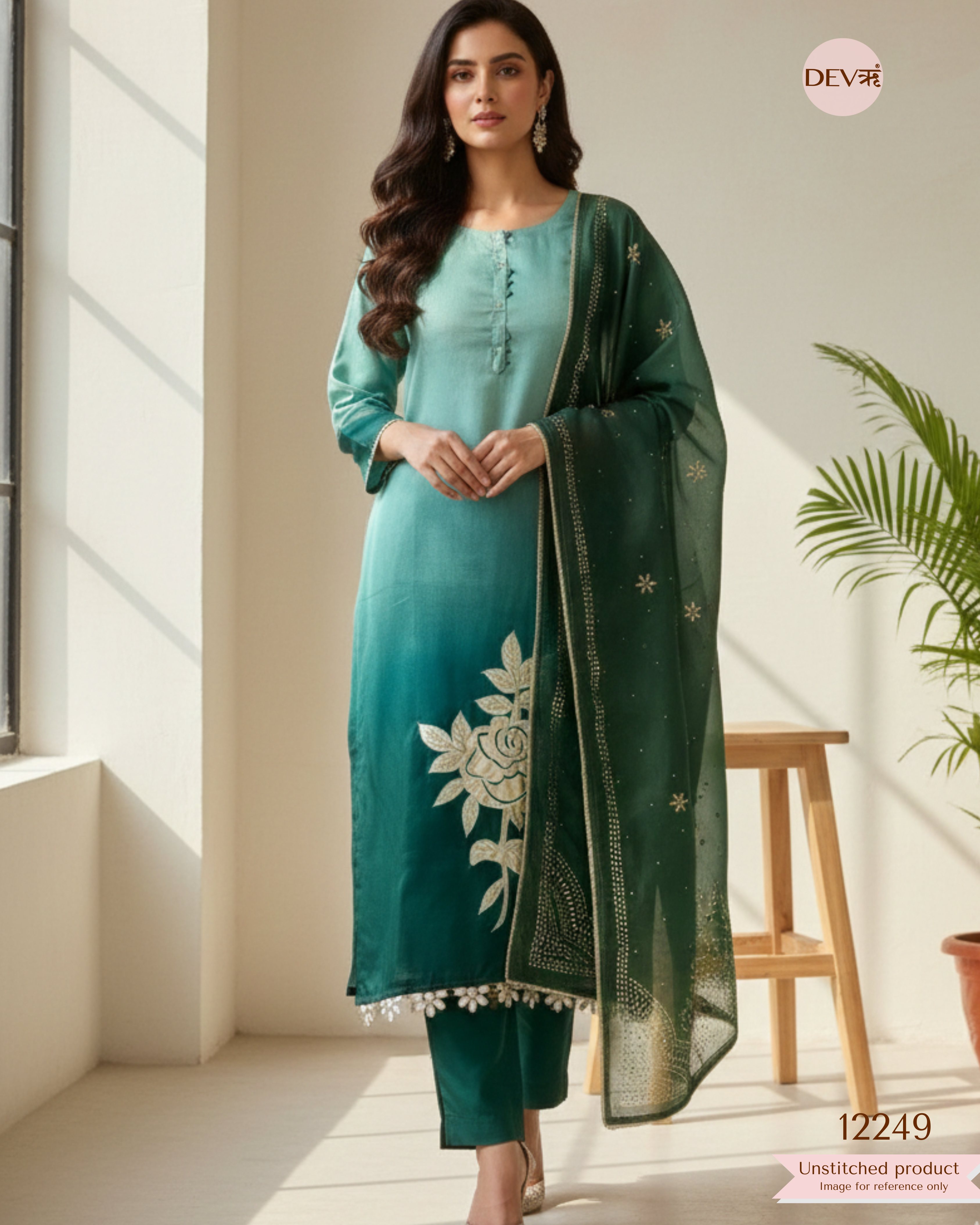 Deep Emerald Soft Tissue Shimmer Silk Embroidered Unstitched 3-Piece Set (Devri – D.No 12249)