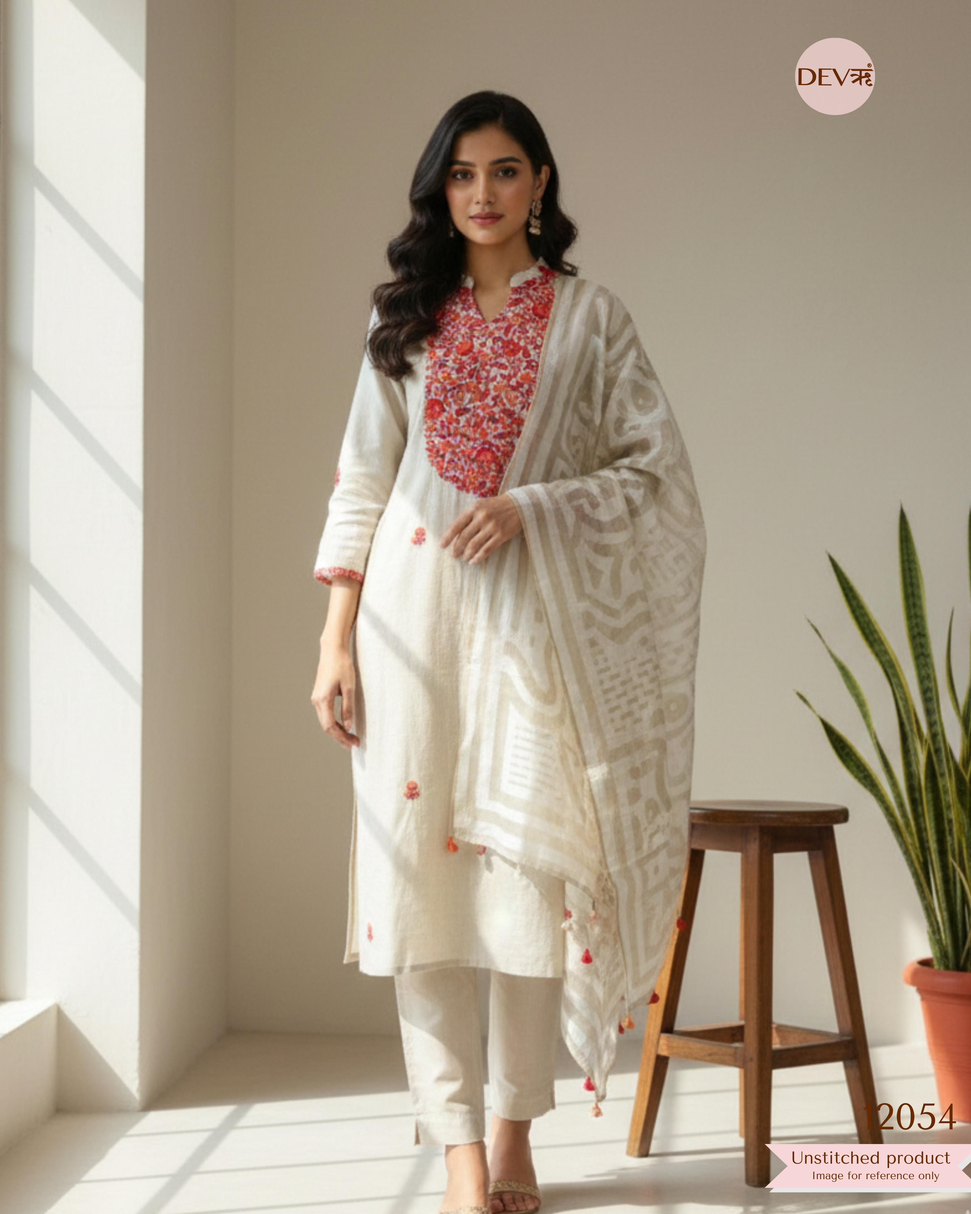 Cream Colour Pure Khadi Silk Unstitched Embroidered -Set Of 3 - {12054}