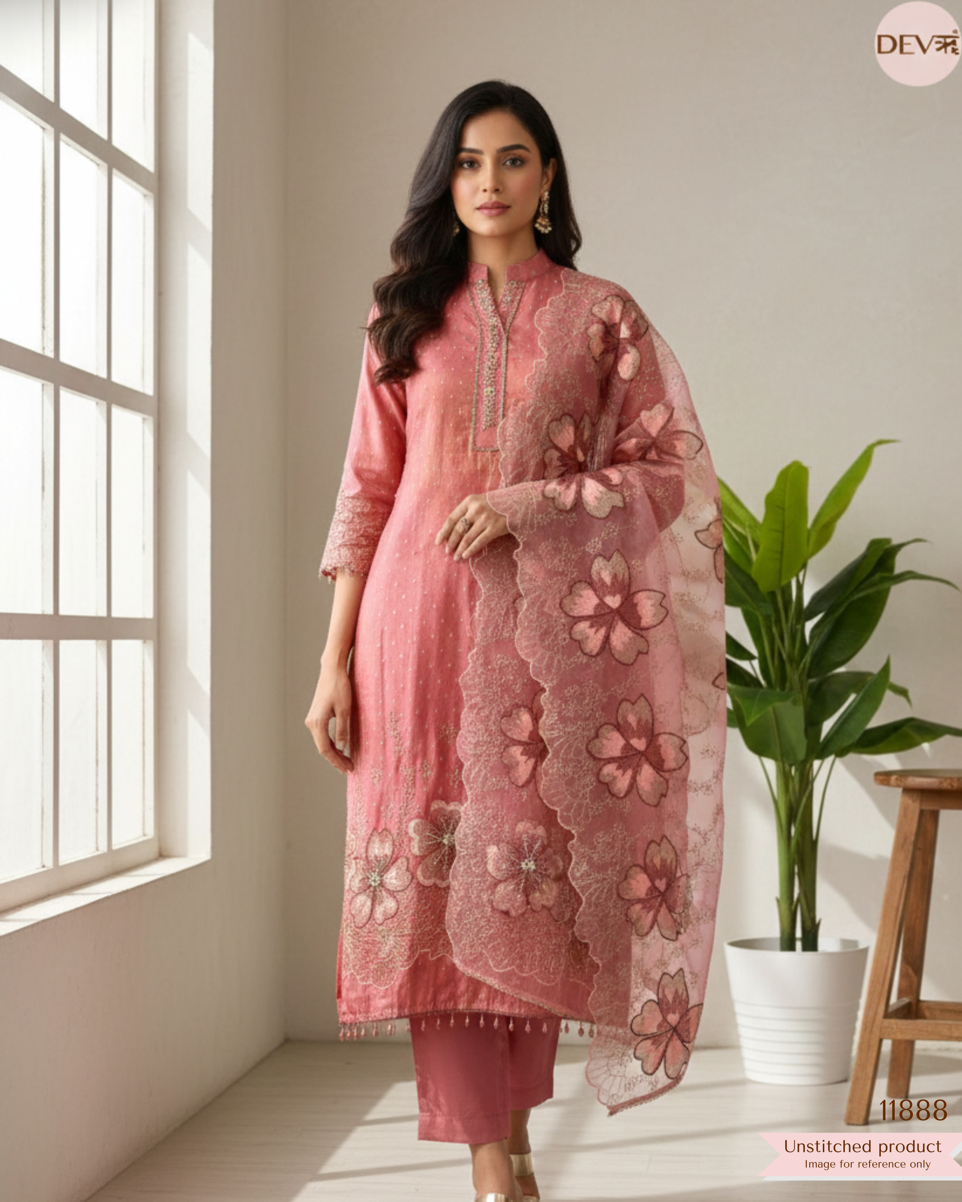 Peach-Pink Tissue Silk Unstitched Embroidered -Set Of 3 - {11888}