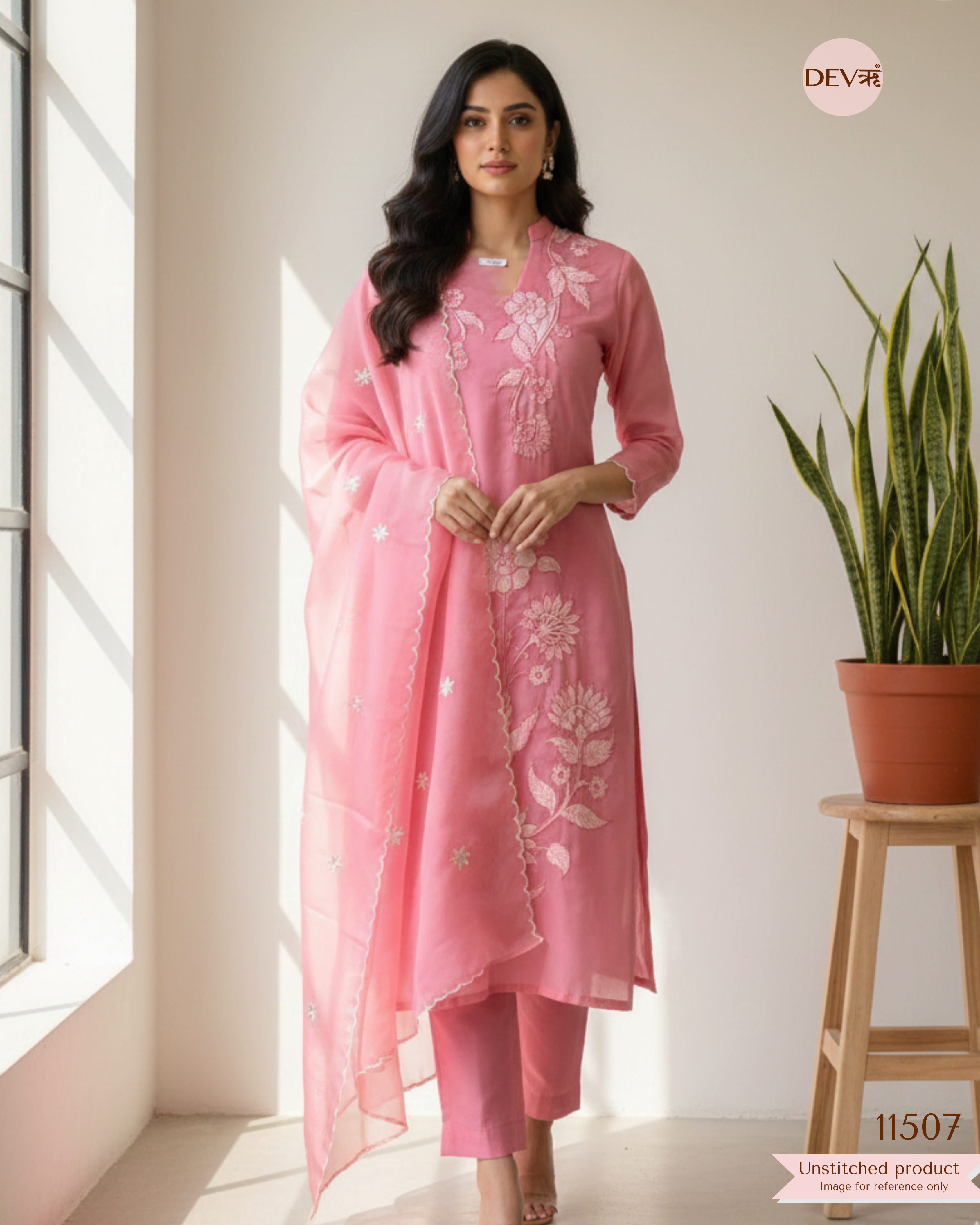Pink organza Silk Unstitched Embroidered -Set Of 3 {11507}