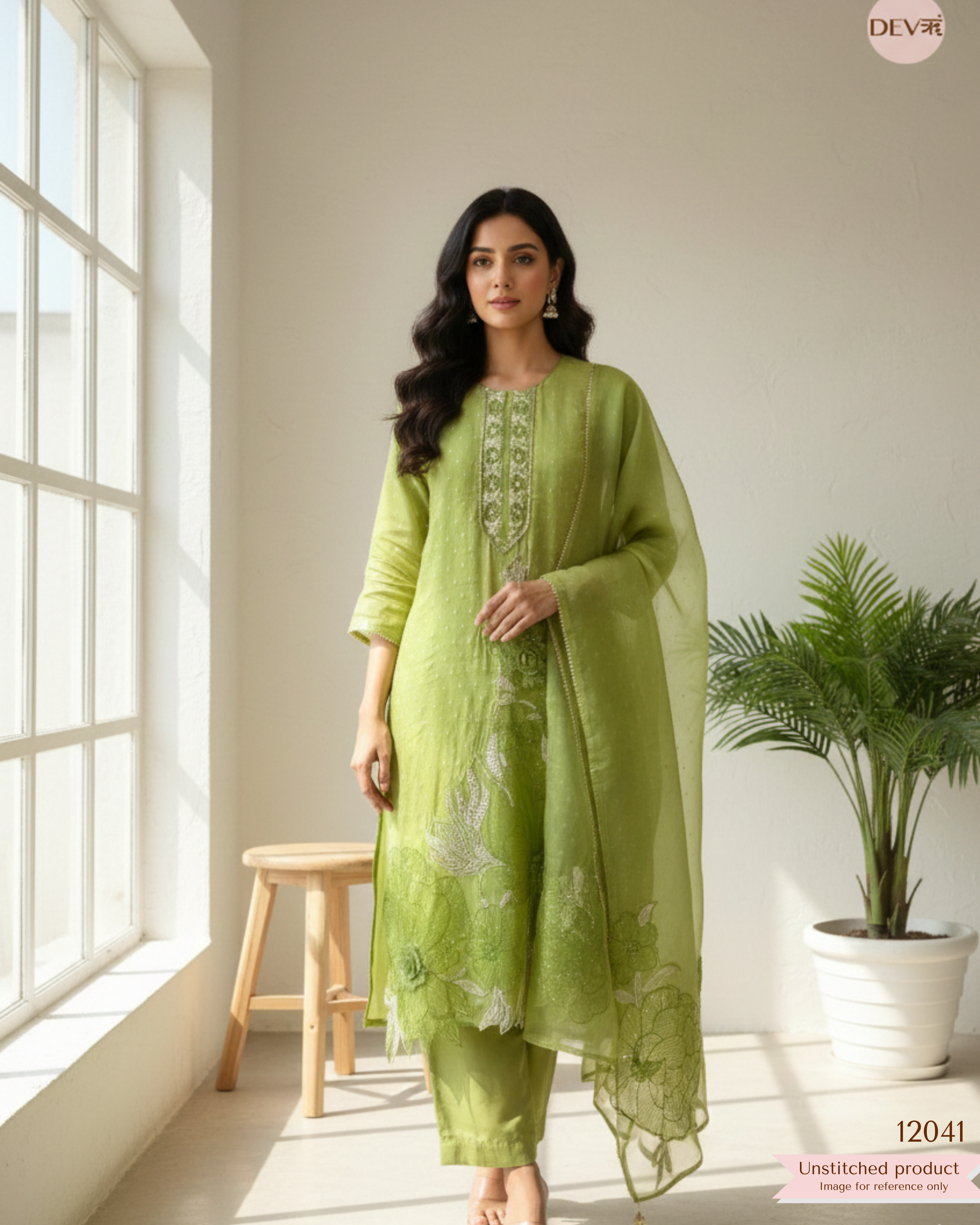 Green Tissue Shimmer Silk Unstitched Embroidered -Set Of 3 - {12041}