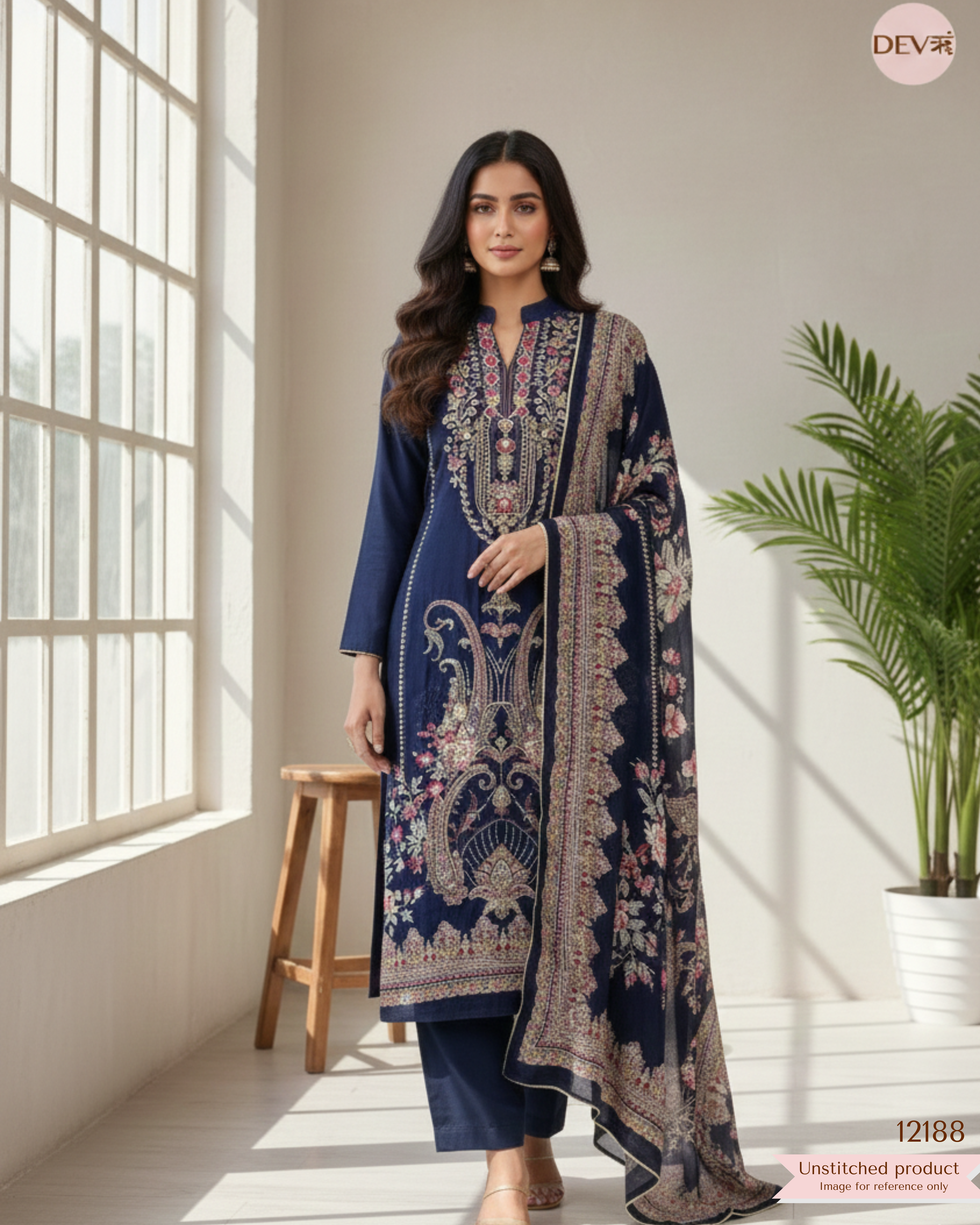 Blue Pure Muslin Unstitched Printed -Set Of 3 - {12188}