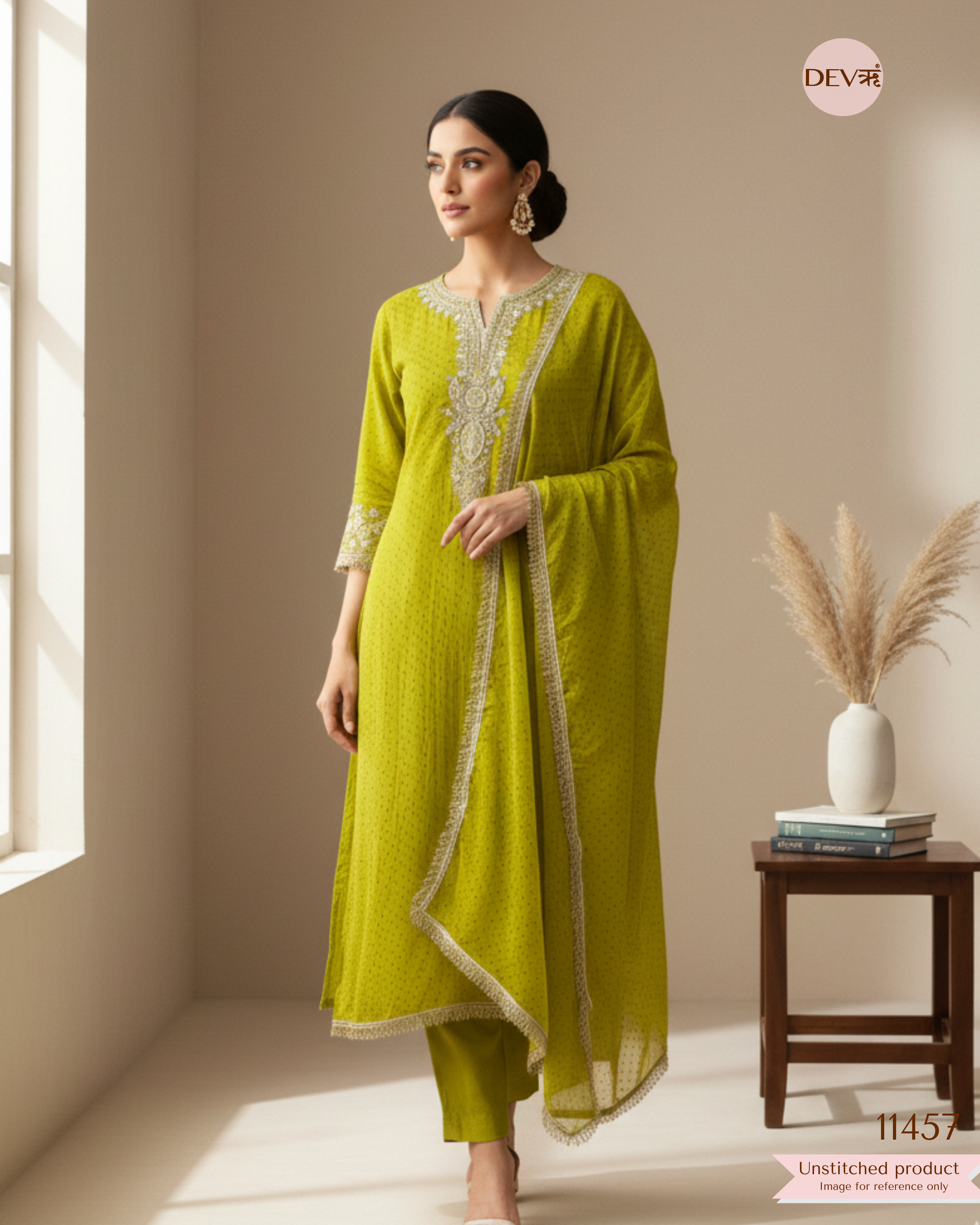 Green Pure Organza Printed Hand Embroidered -Set Of 3 {11457}