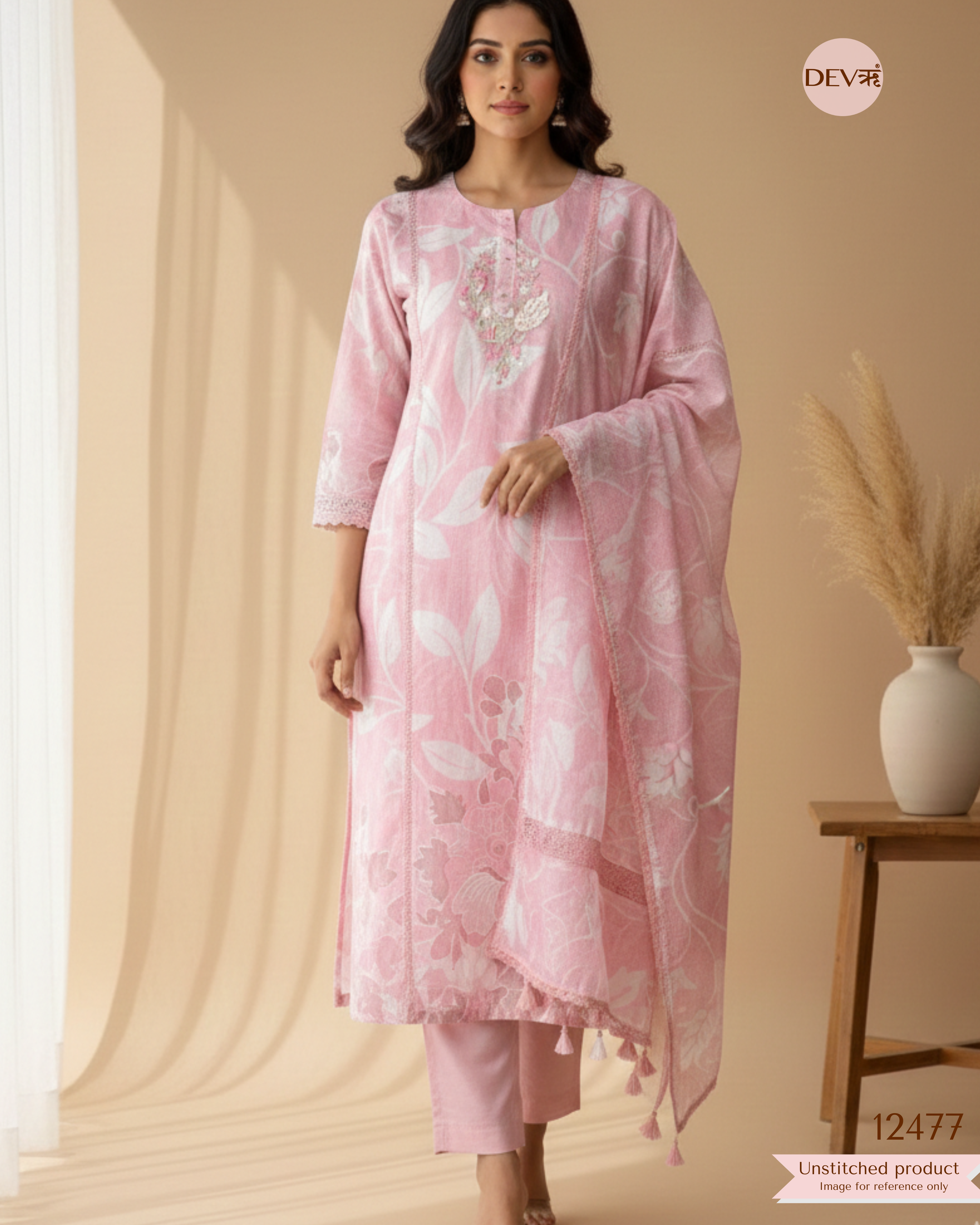 Blush Pink Mul Chanderi Embroidered Unstitched 3-Piece Suit (Devri – D.No. 12477)