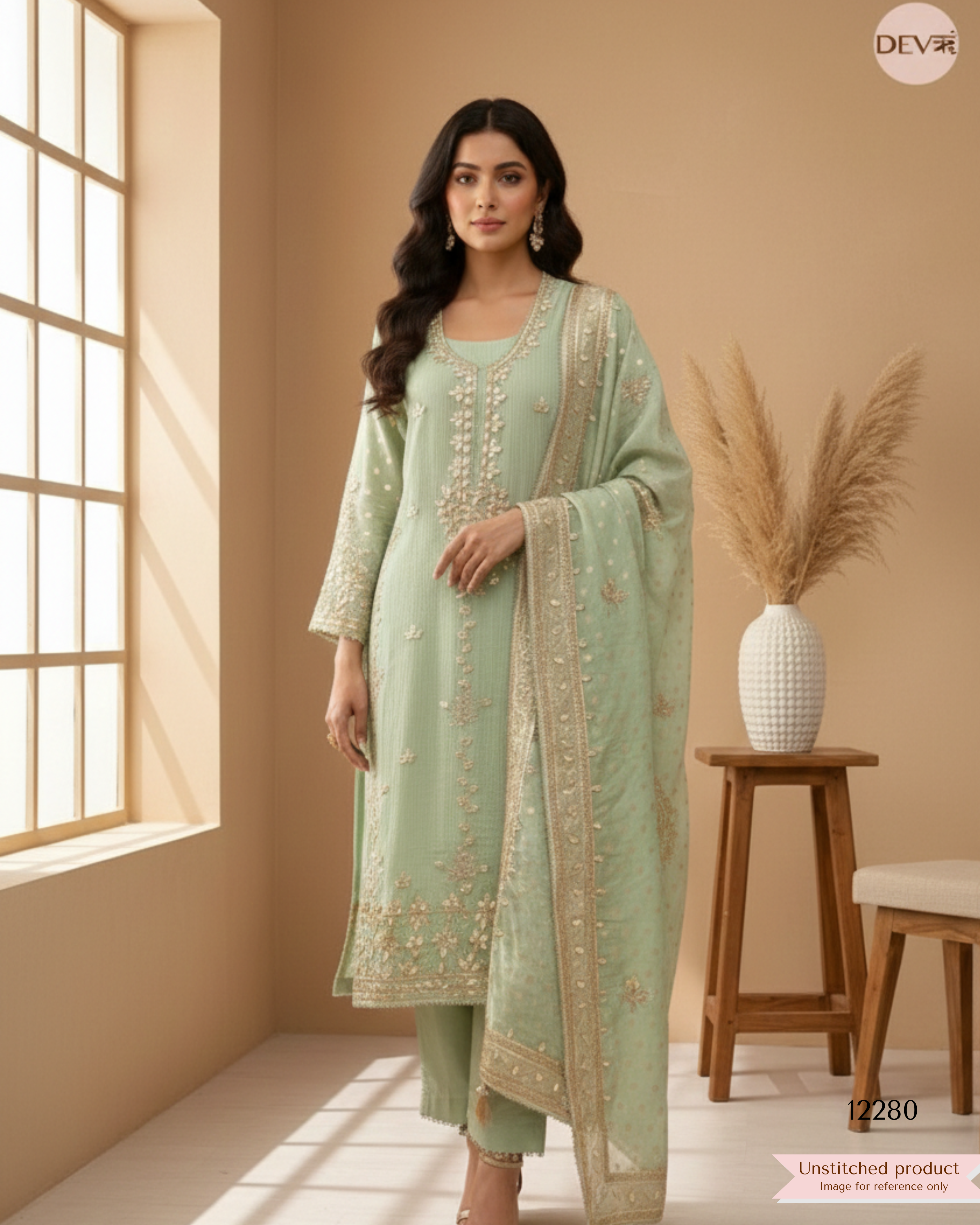 Green Pure Chinon Unstitched Hand Embroidered -Set Of 3 - {12280}