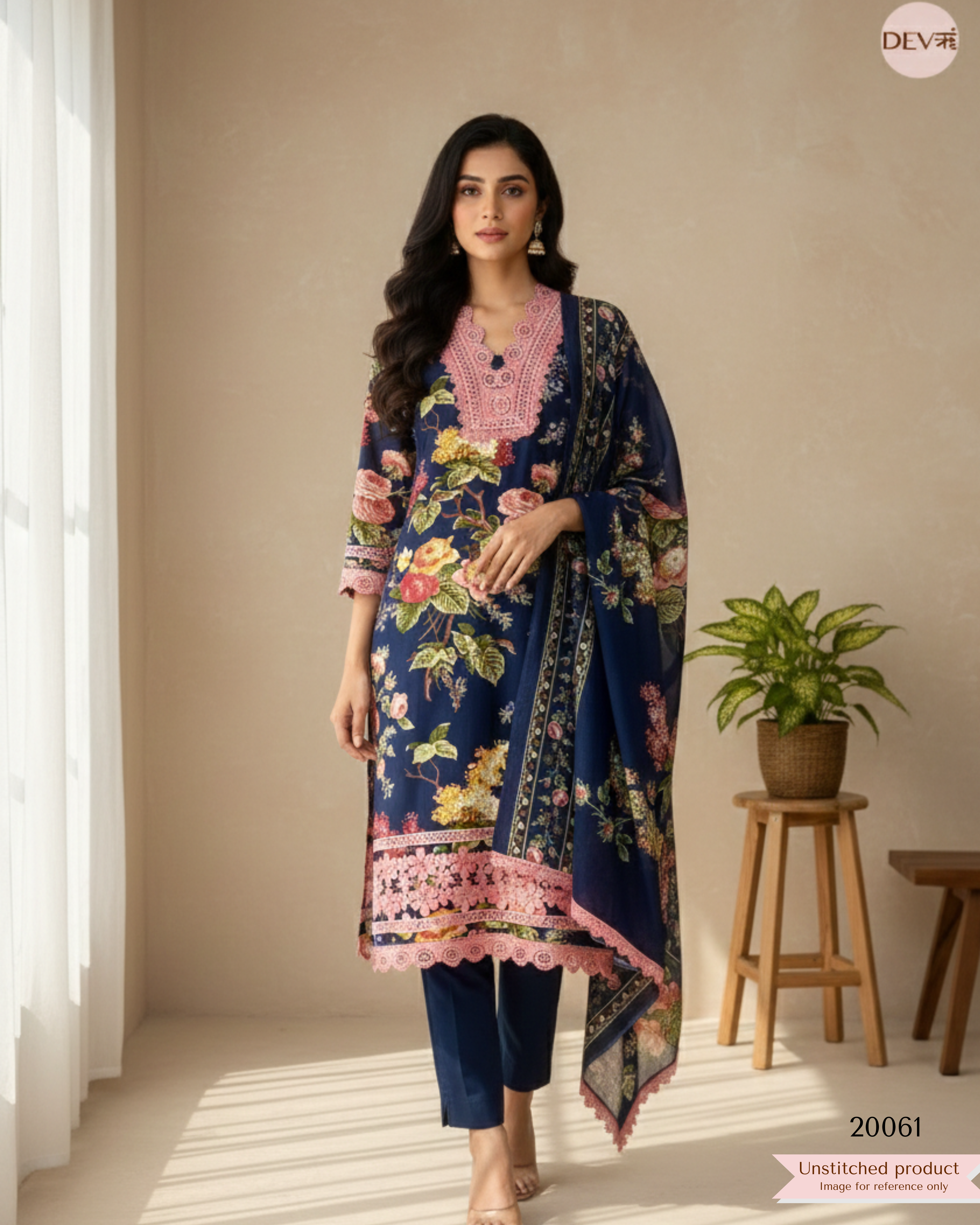 Navy Blue Cotton Printed Unstitched 3-Piece Suit (Devri – D.No. 20061)