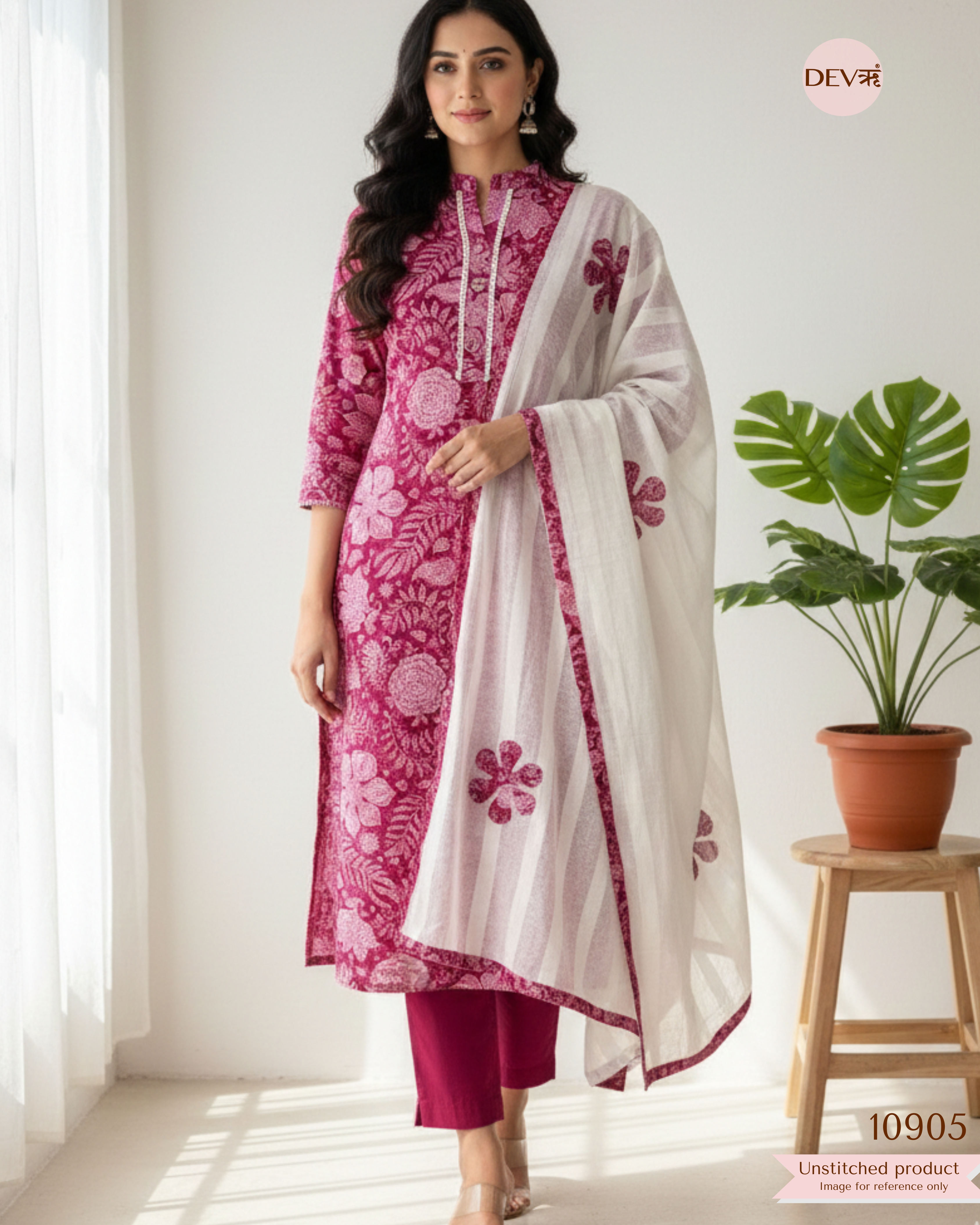 Pink Cotton Unstitched Printed - Set Of 3 {10905}