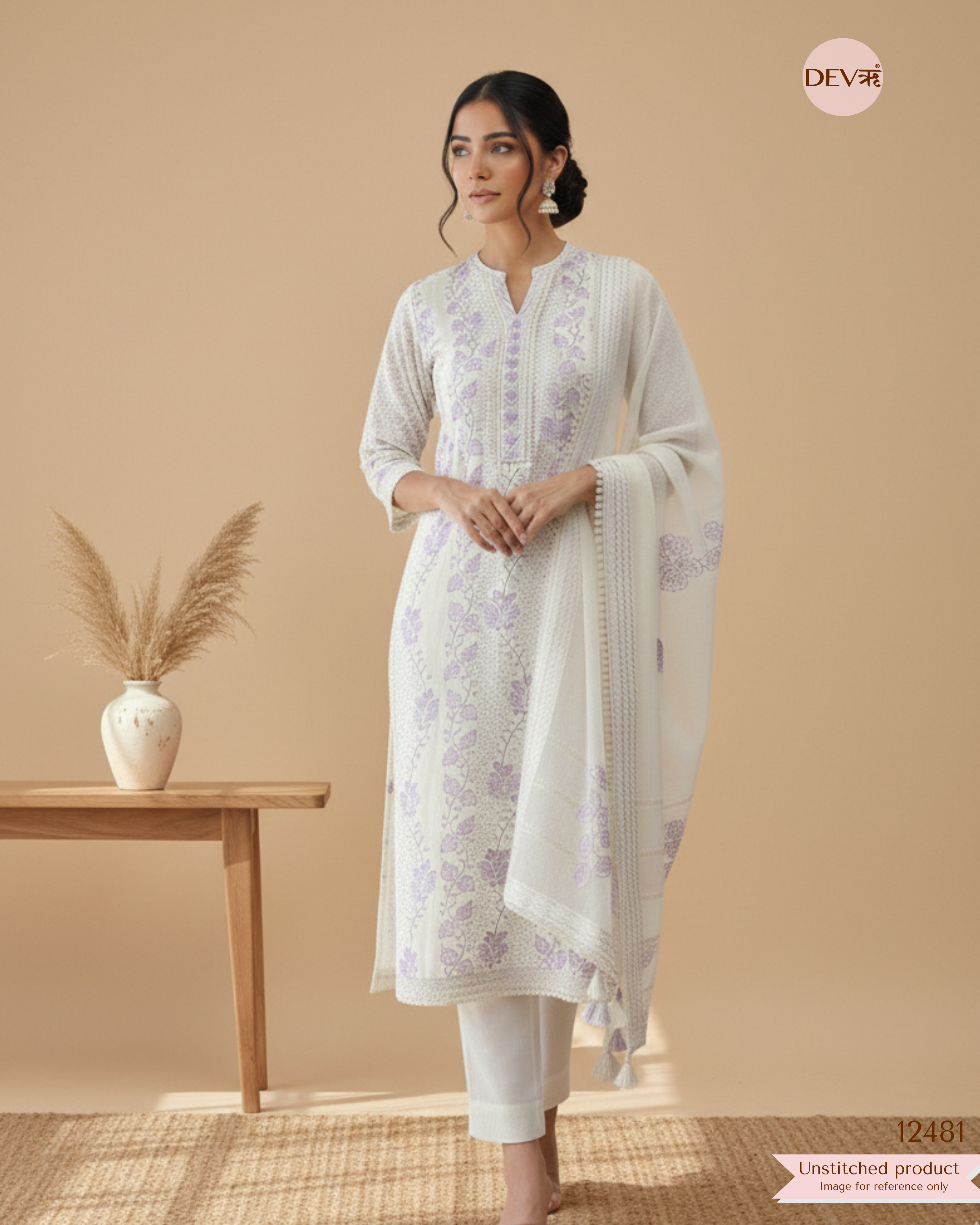 Lavender &; White Pure Cotton Embroidered Unstitched 3-Piece Suit (Devri – D.No 12481)