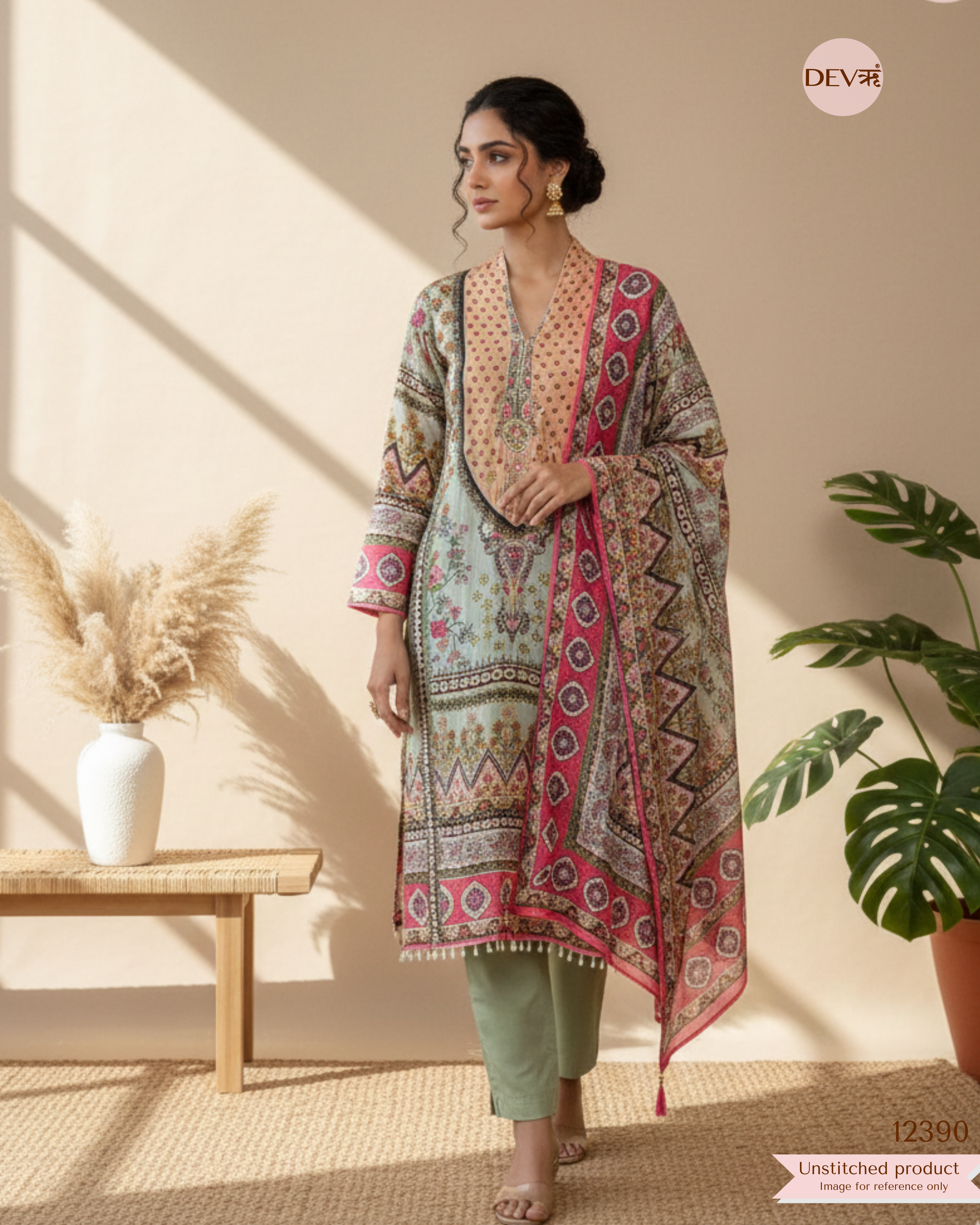 Peach Muslin Printed Unstitched 3-Piece Suit (Devri – D.No 12390)