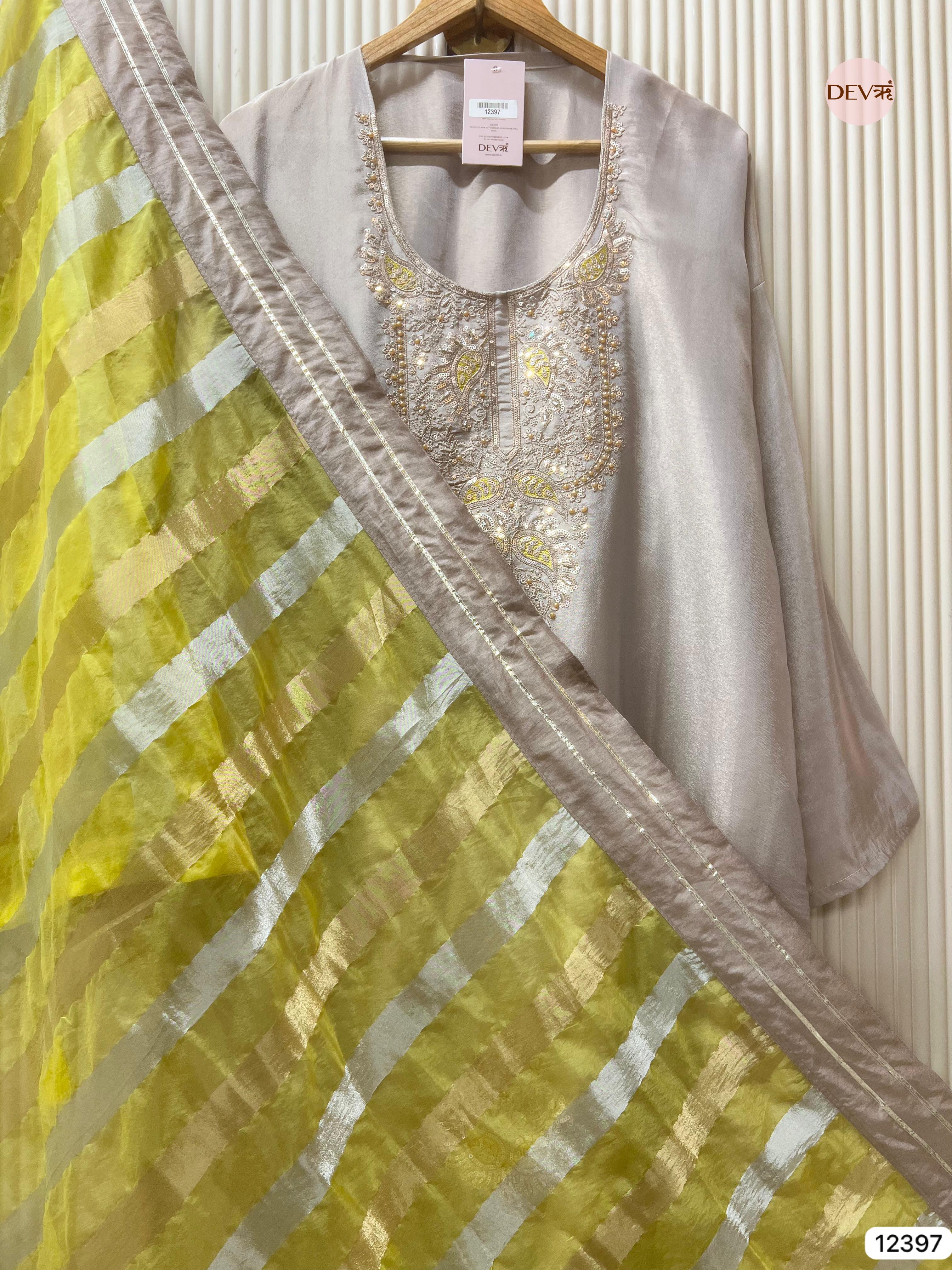 Soft Grey Shimmer Silk Embroidered Unstitched 3-Piece Suit (Devri – D.No 12397)