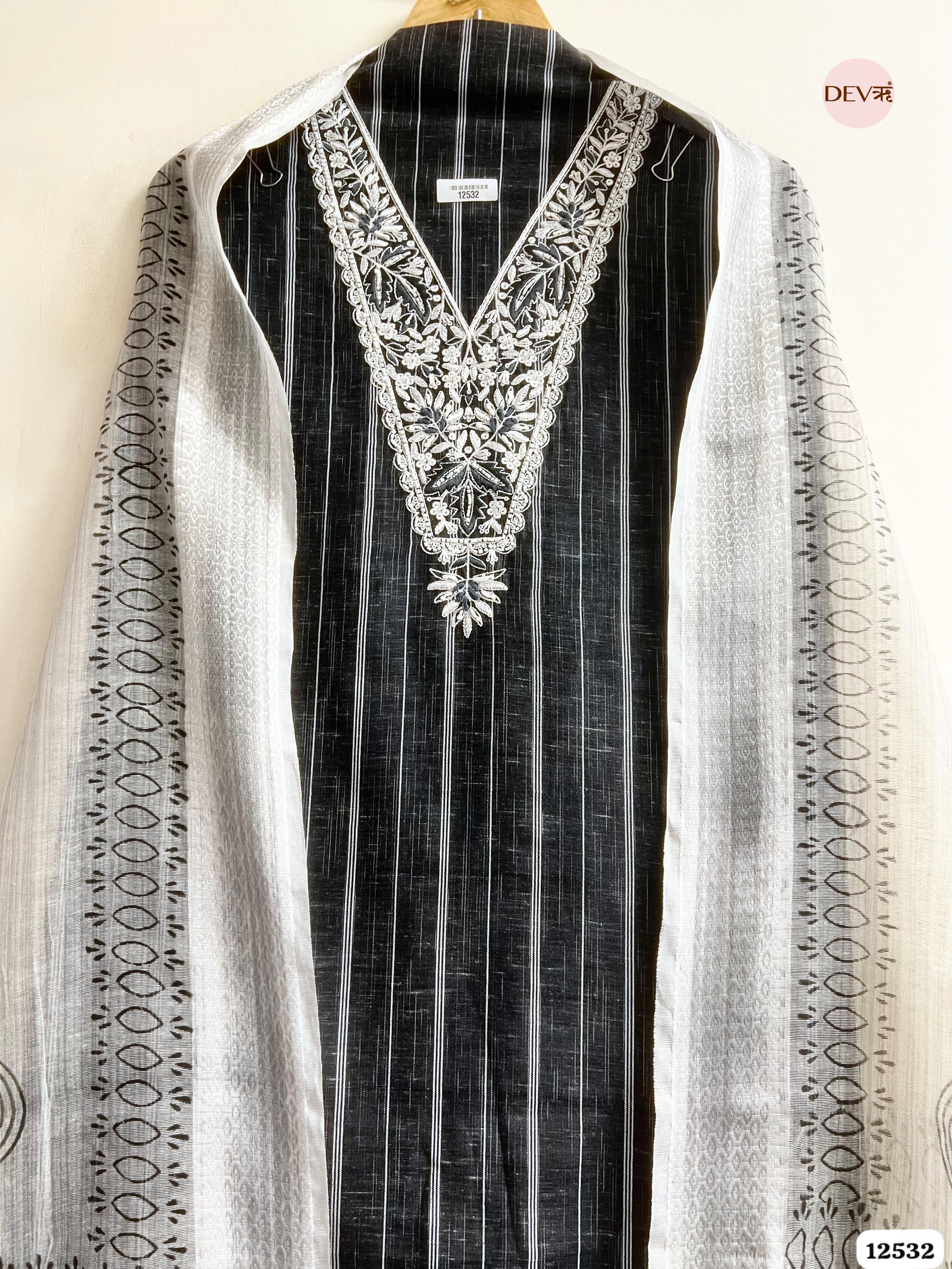 Black Handloom Cotton Embroidered Unstitched 3-Piece Suit (Devri – D.No. 12532)
