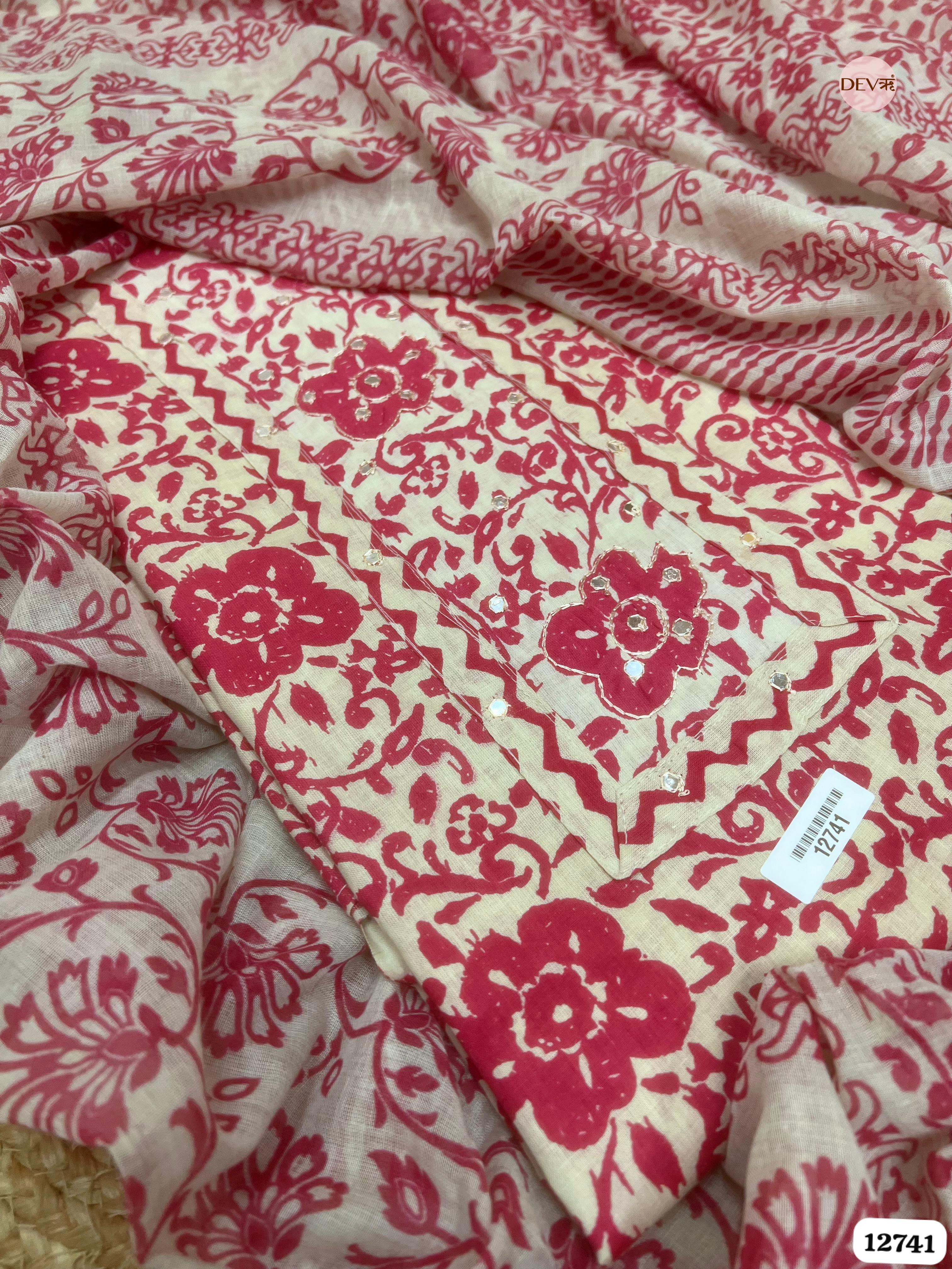 Pink Cotton Printed Unstitched 3-Piece Suit (Devri – D.No 12741)
