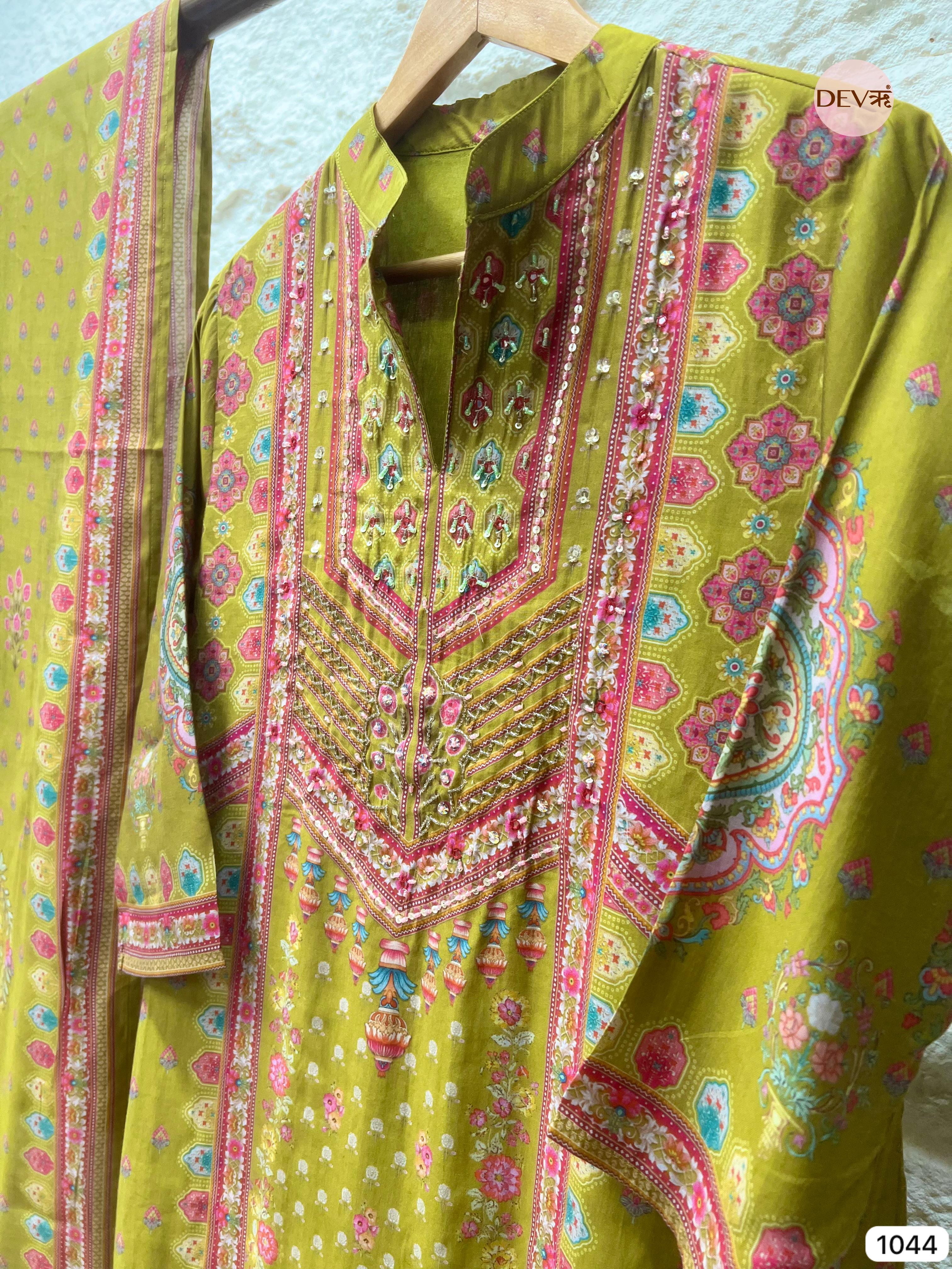 Avani Pure Modal Silk Printed Olive Green 3-Piece Set (Devri – D.No 1044)