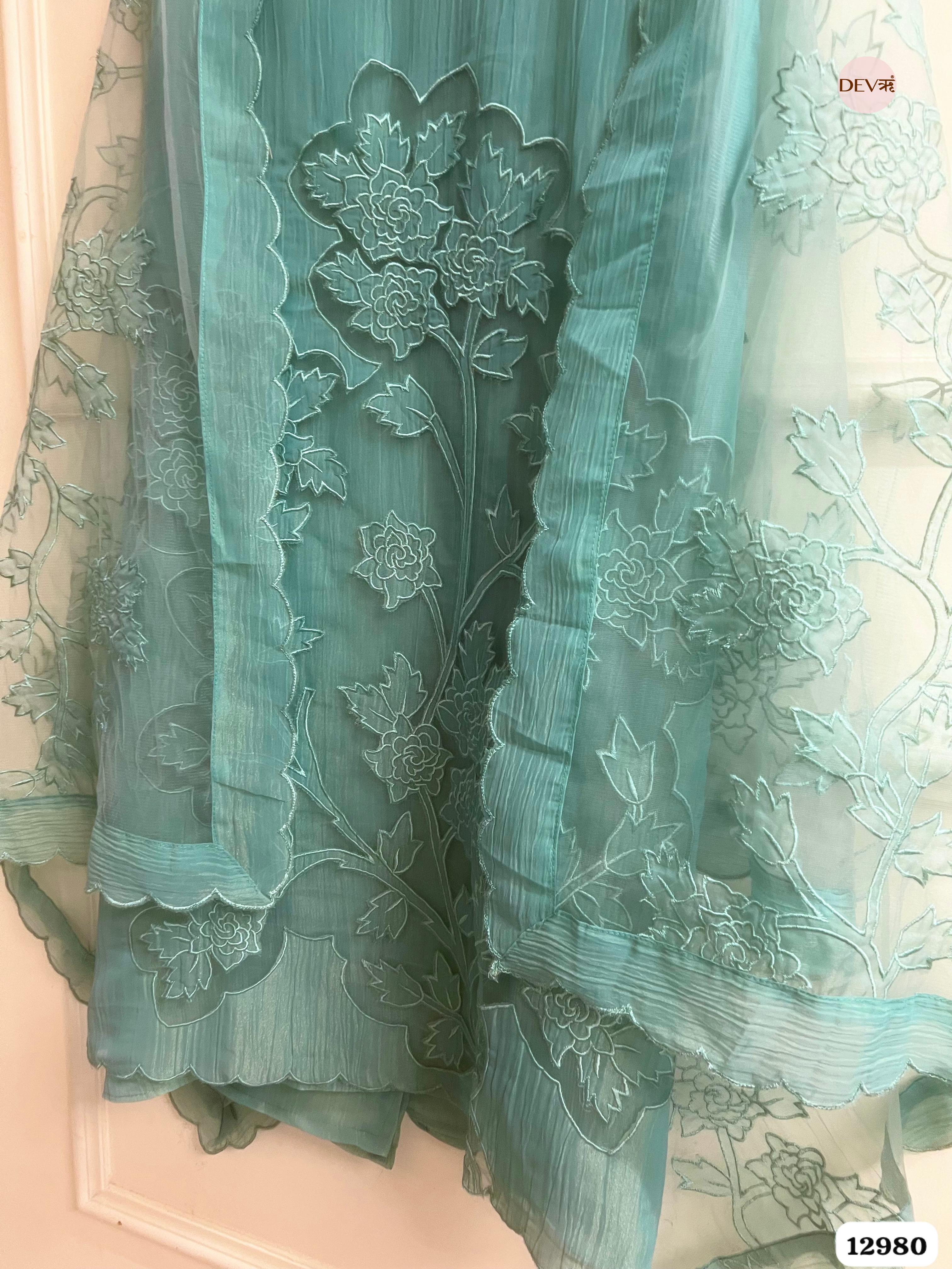 Sea Green Tissue Crush Embroidered Unstitched 3-Piece Suit (Devri – D.No 12980)