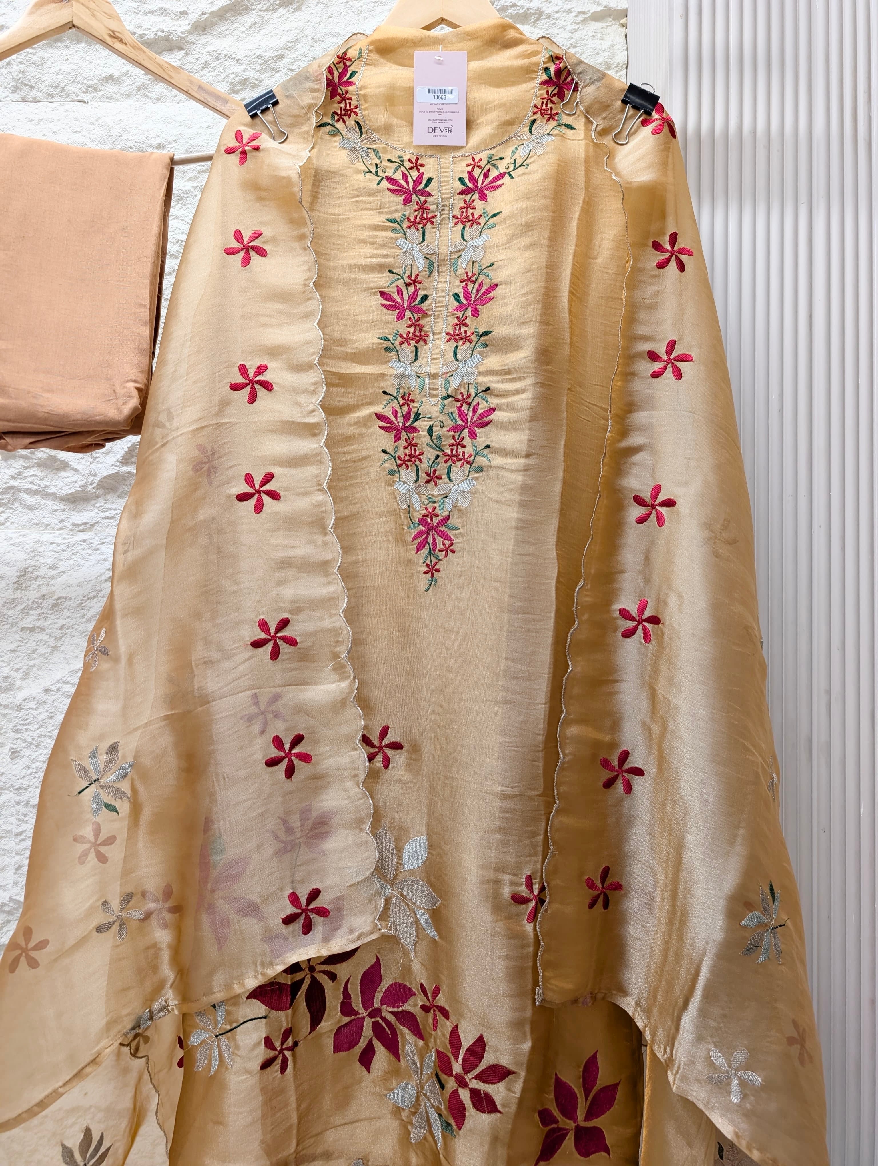 Beige Crush Tissue Silk Embroidered Unstitched 3-Piece Suit (Devri – D.No 13603)
