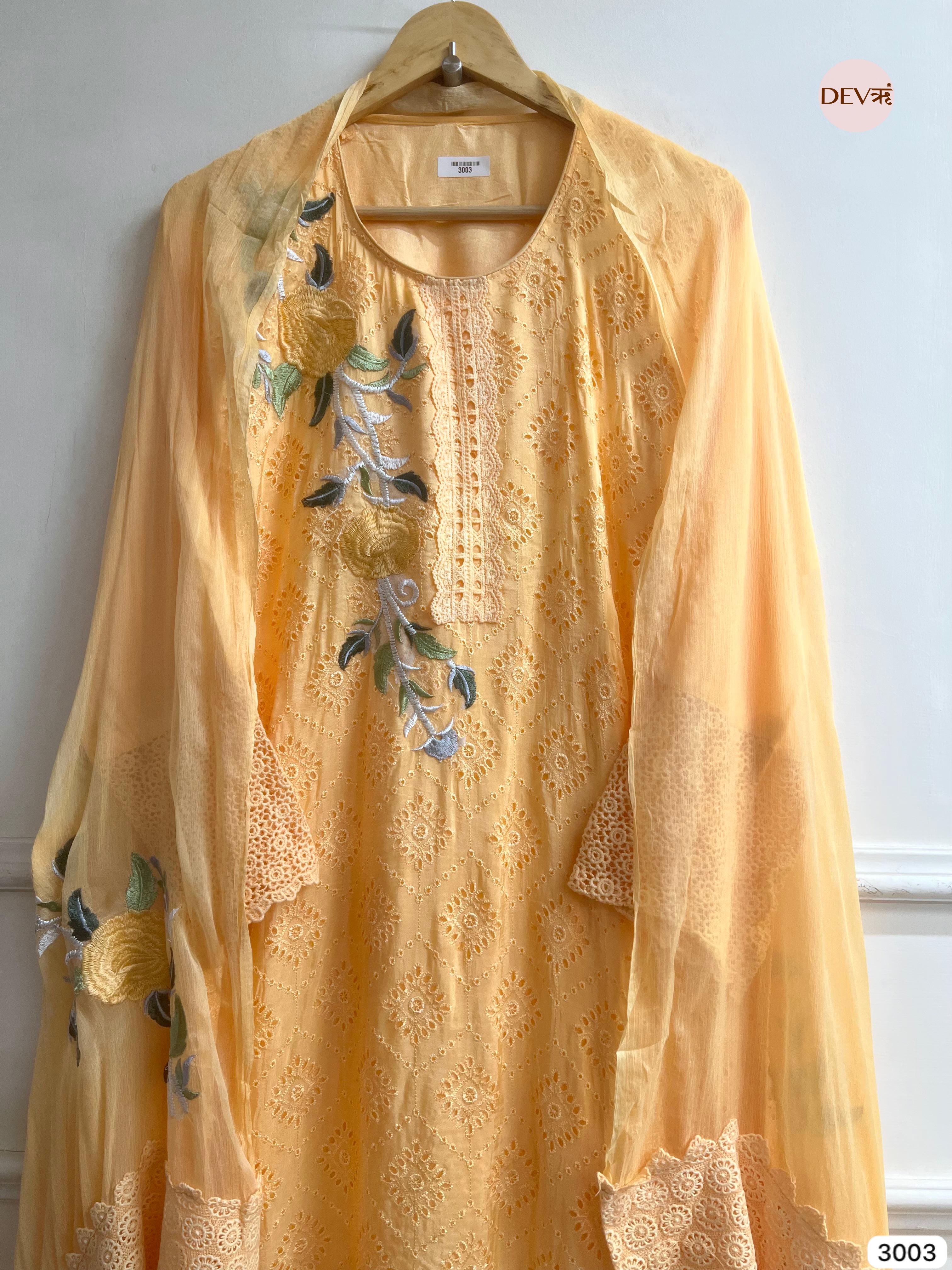 Yellow Upada Silk Embroidered Unstitched 3-Piece Suit (Devri – D.No 3003)
