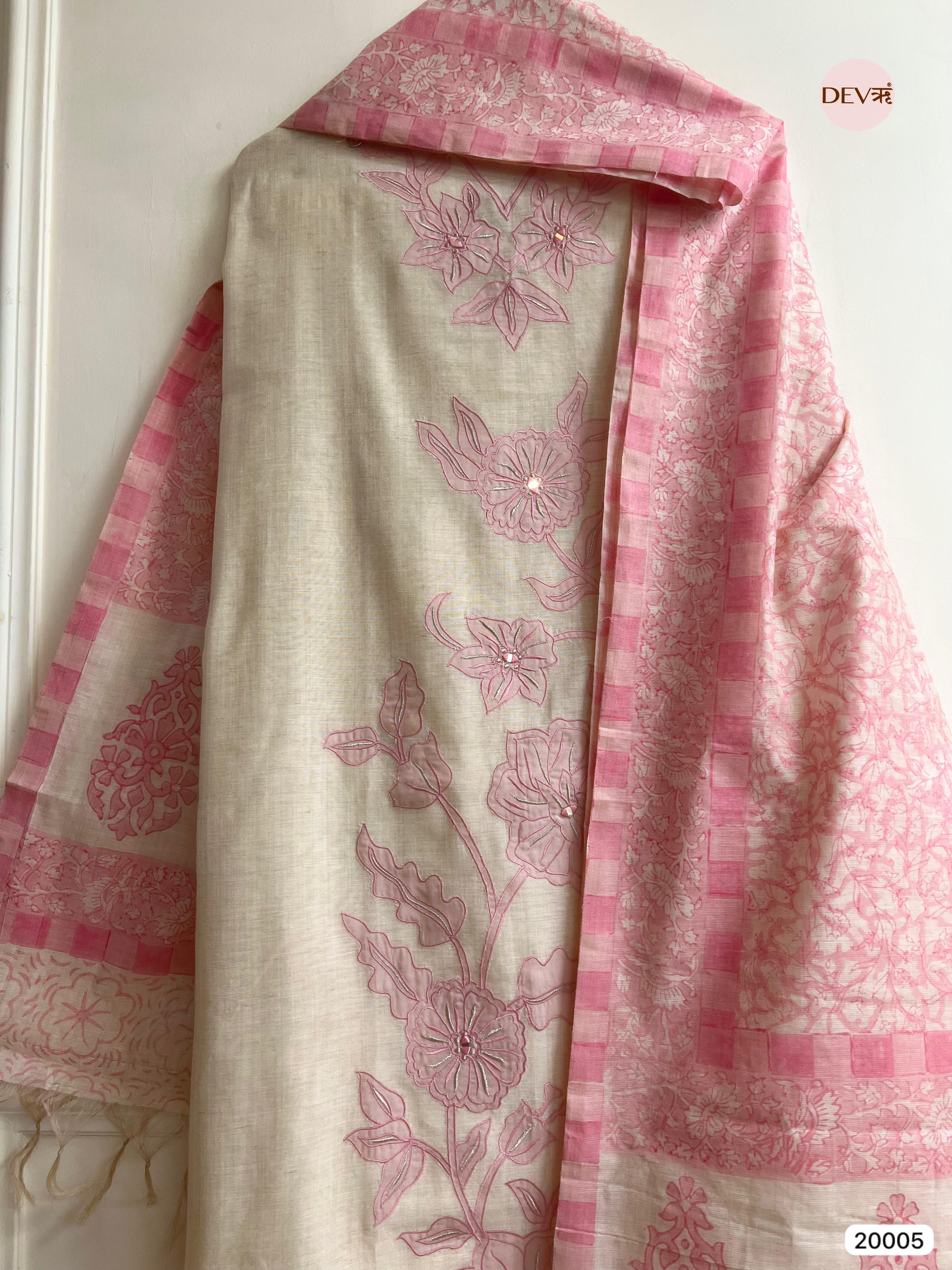 Beby pink Pure Linen Cotton Embroidered Unstitched 3-Piece Suit (Devri – D.No 20005)