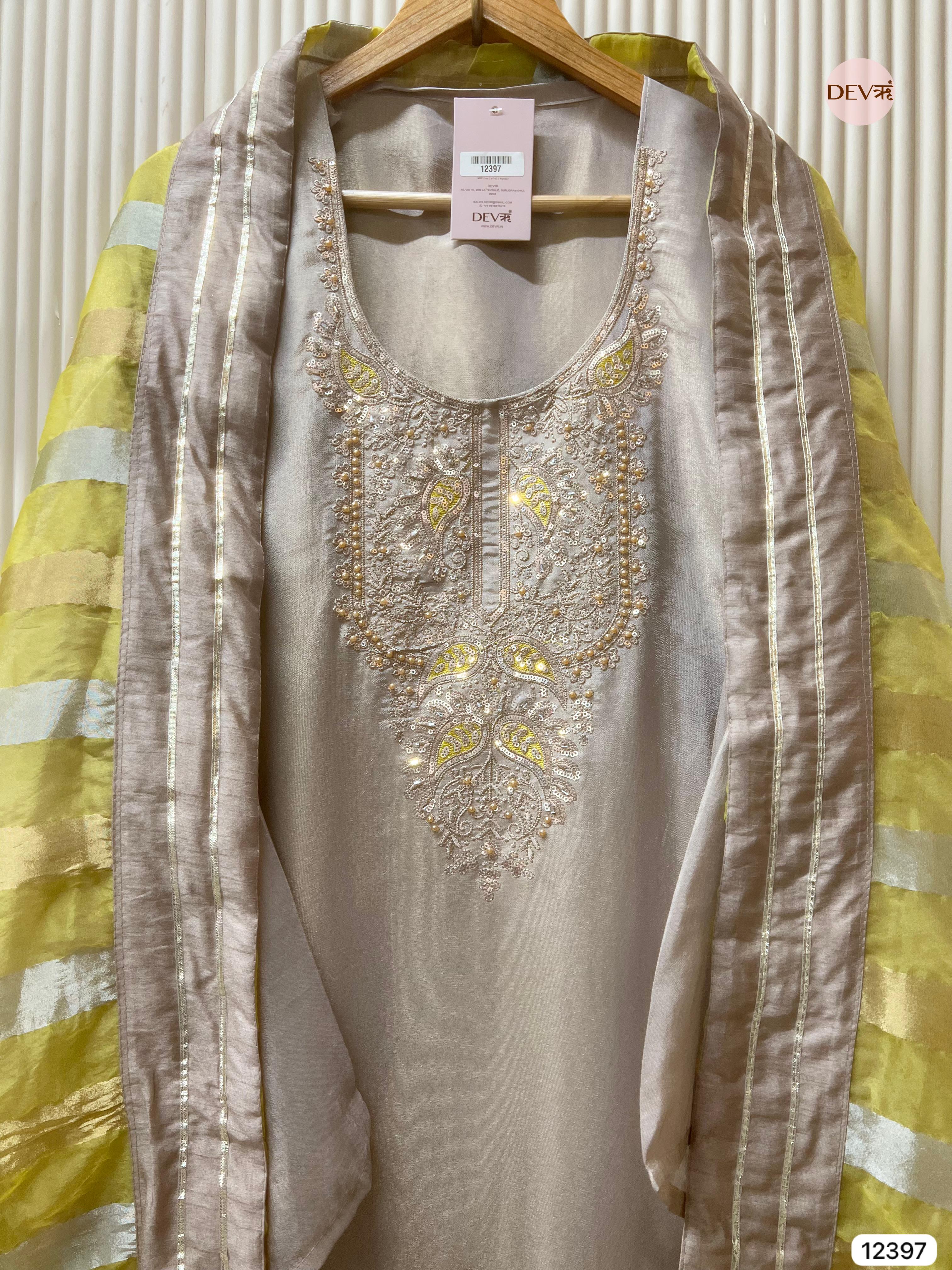 Soft Grey Shimmer Silk Embroidered Unstitched 3-Piece Suit (Devri – D.No 12397)