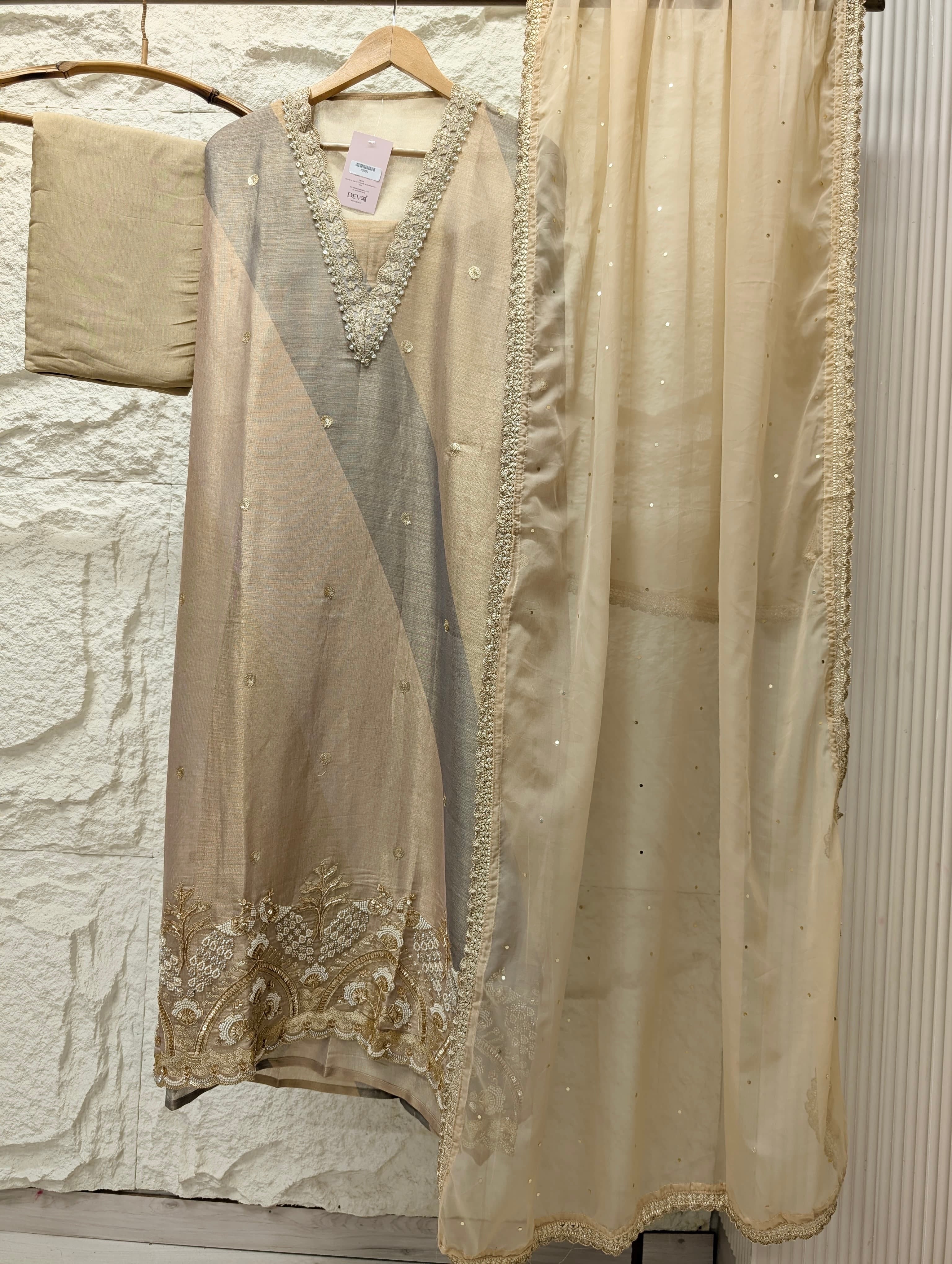 Beige Tissue Silk Embroidered Unstitched 3-Piece Suit (Devri – D.No 13693)