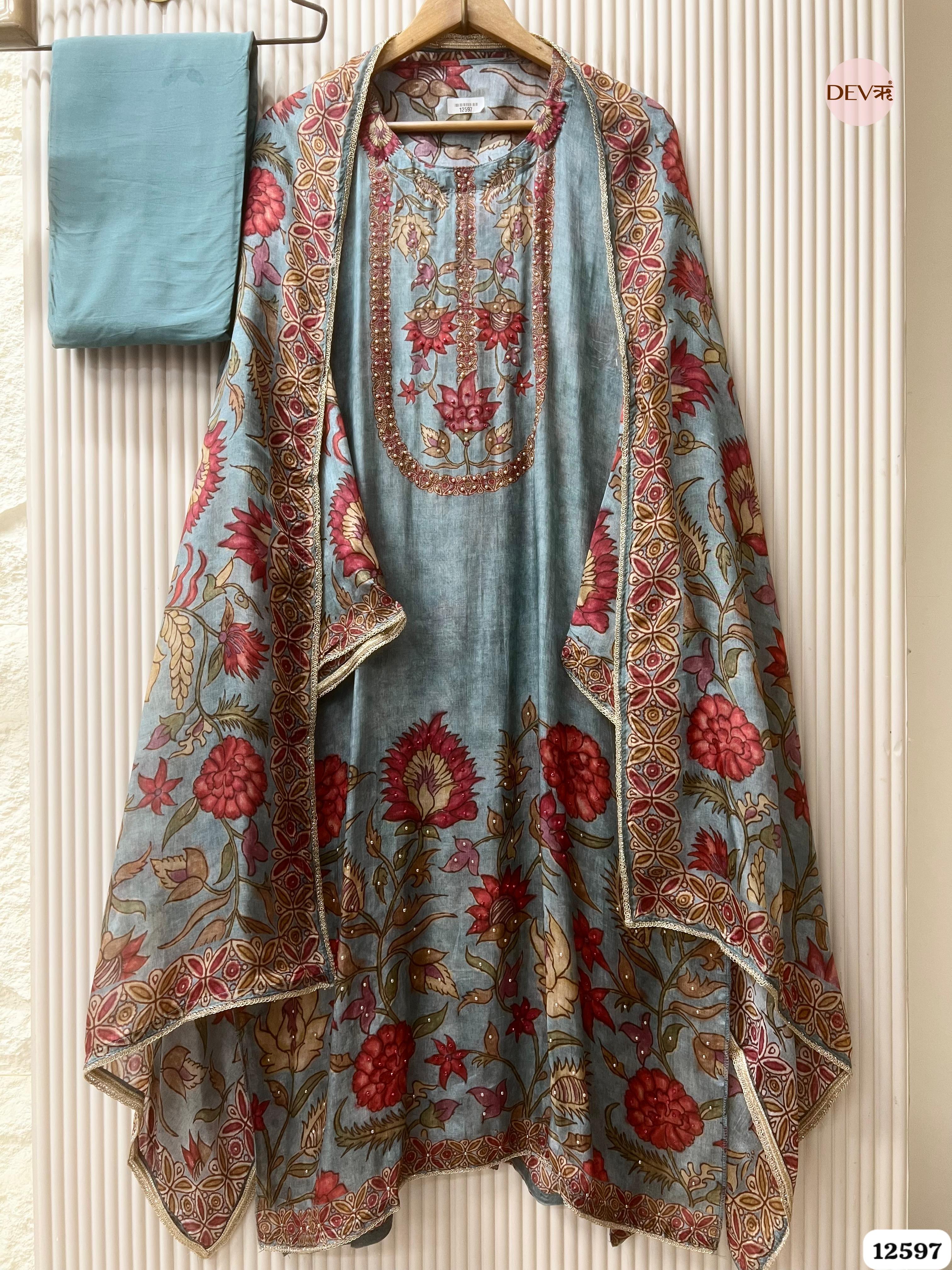 Teal Blue Muslin Floral Printed Unstitched 3-Piece Suit (Devri – D.No 12597)