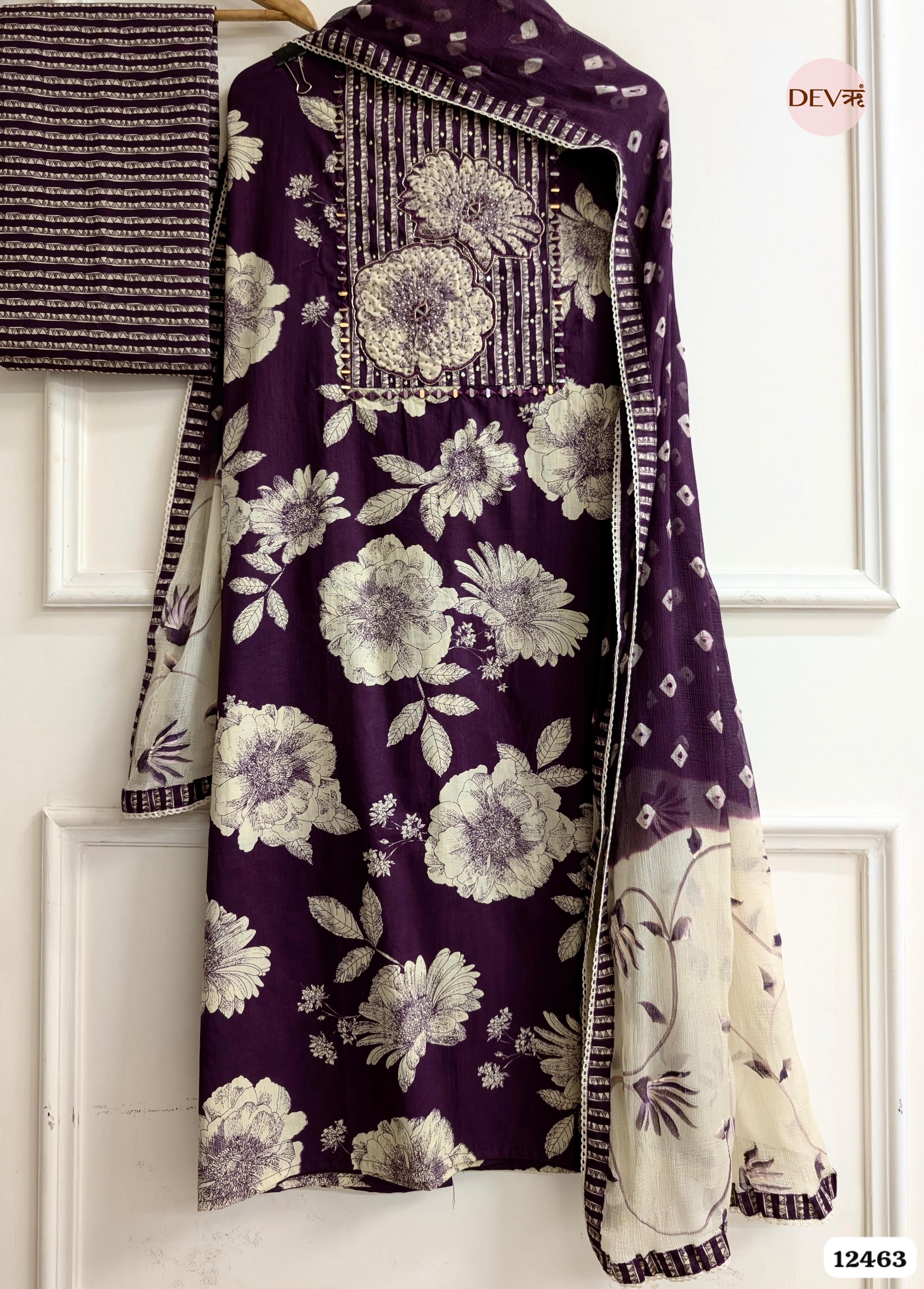 Plum Cotton Printed Unstitched 3-Piece Suit (Devri – D.No. 12463)