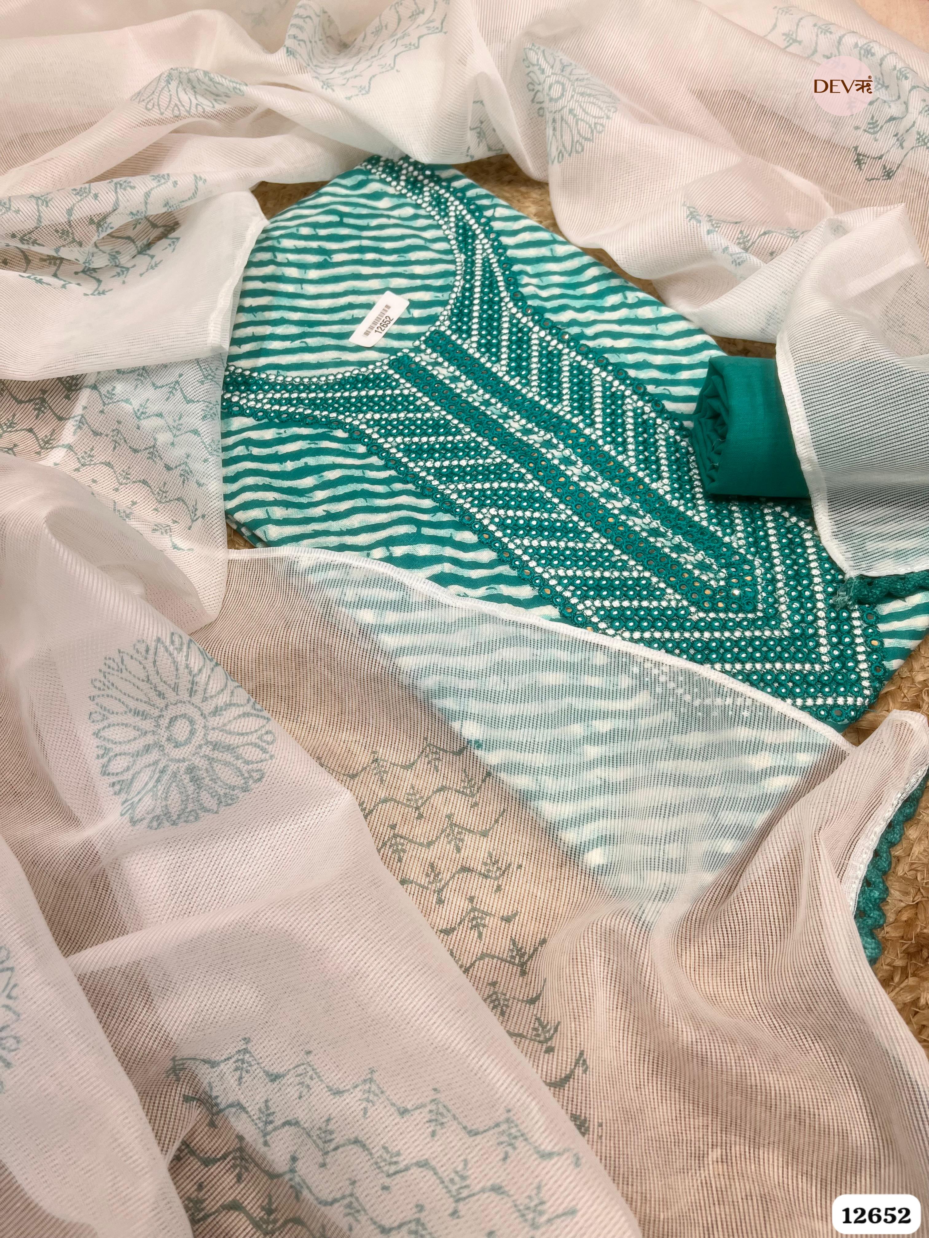 Teal Green Cotton Printed & Embroidered Unstitched 3-Piece Suit (Devri – D.No. 12652)