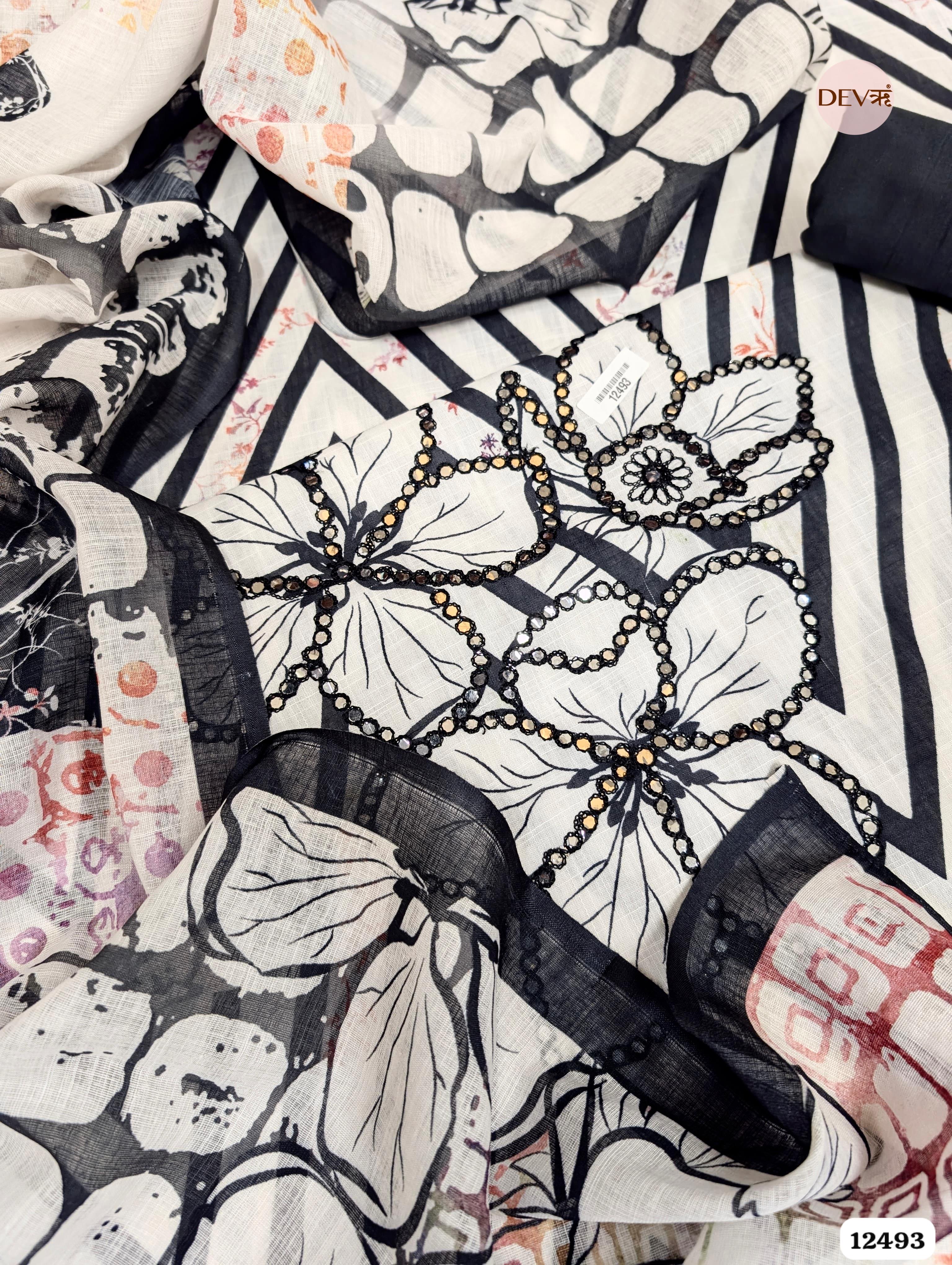 Black & White Linen Cotton Printed Unstitched 3-Piece Suit (Devri – D.No. 12493)