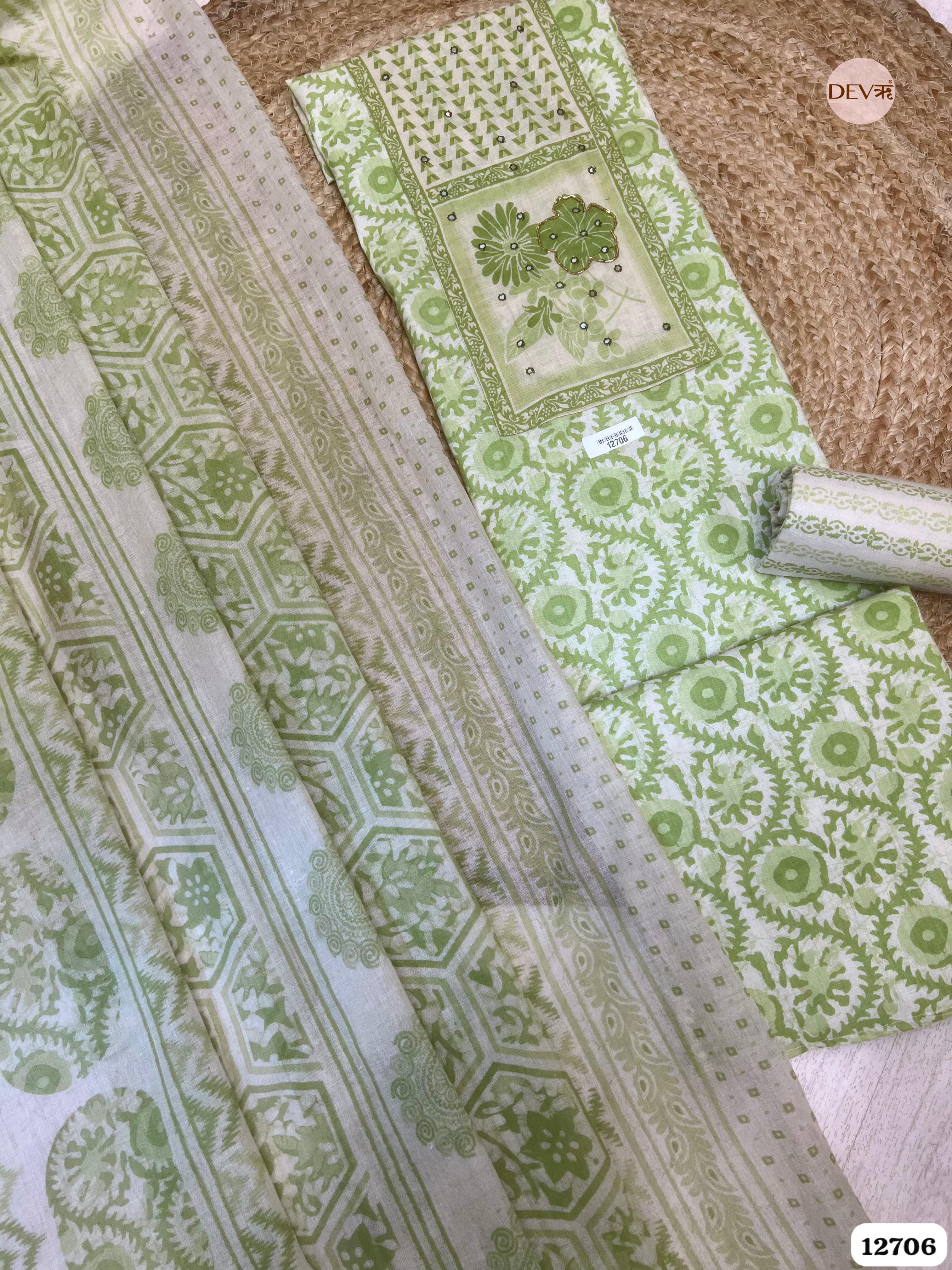 Pista Green Cotton Printed Unstitched 3-Piece Suit (Devri – D.No 12706)